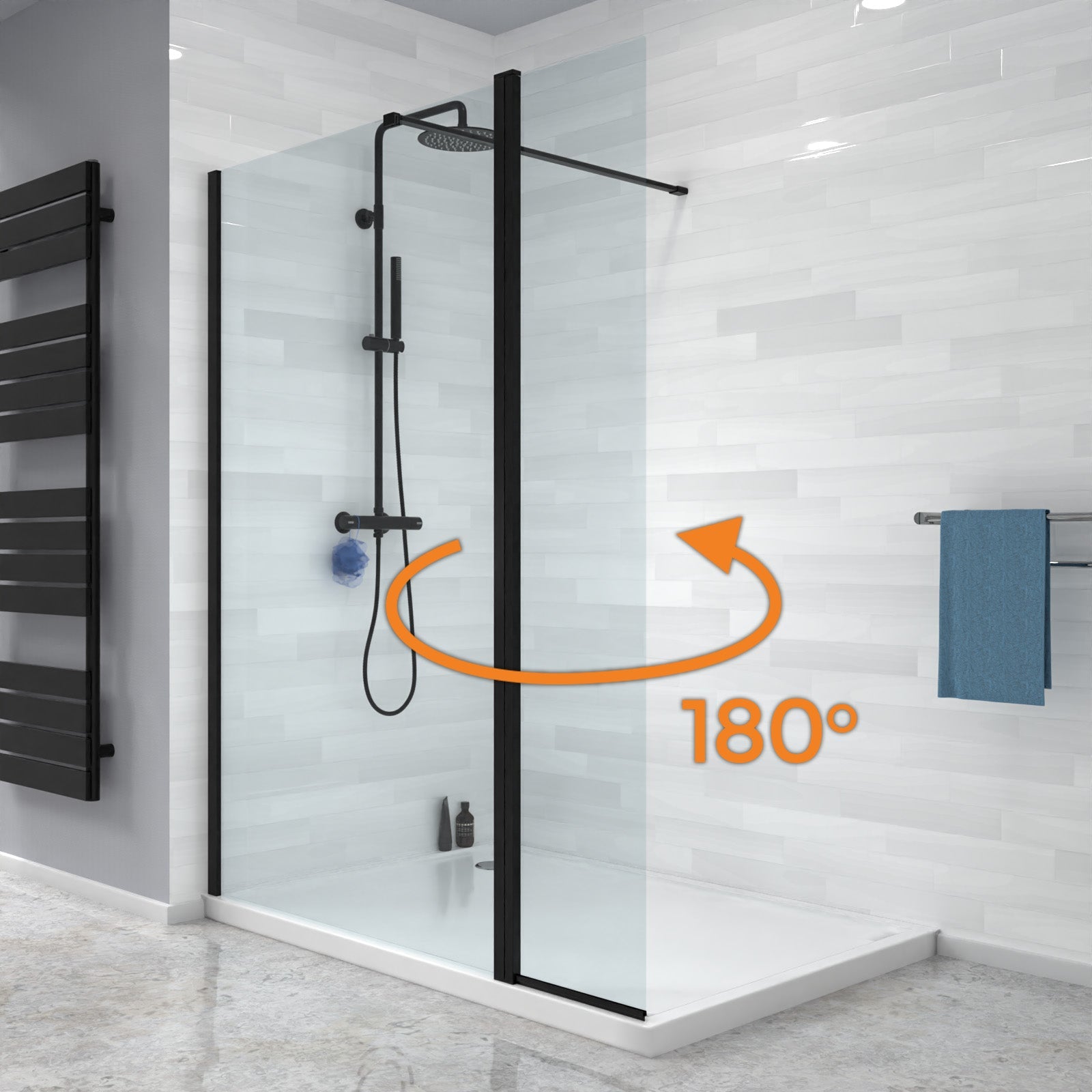 Magna Black 800mm Wet Room Shower 8mm Tempered Glass Screen With 300mm Flipper Panel