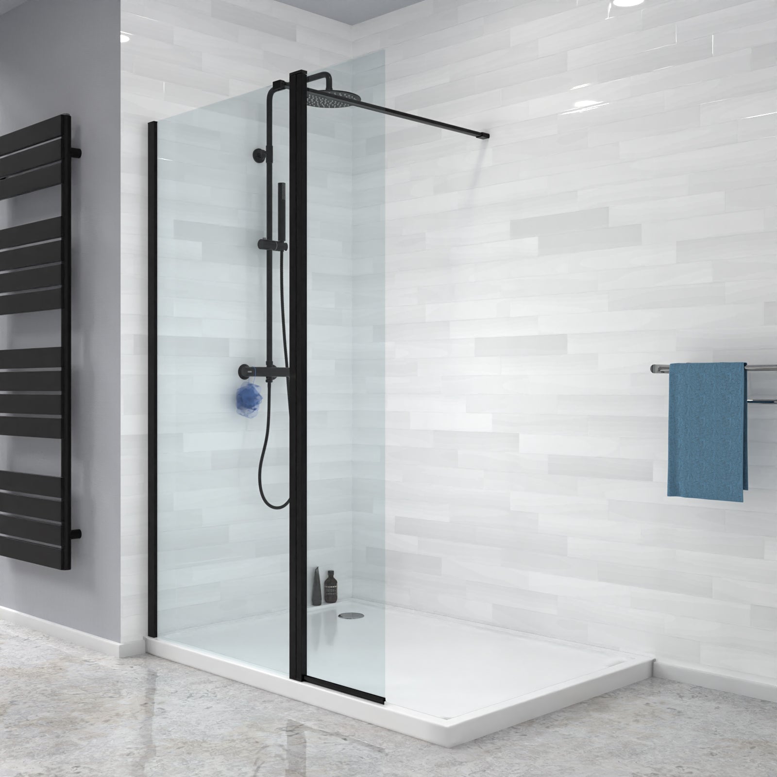 Magna Black Wet Room 1200 Shower 8mm Tempered Glass Screen with 300mm Flipper Panel
