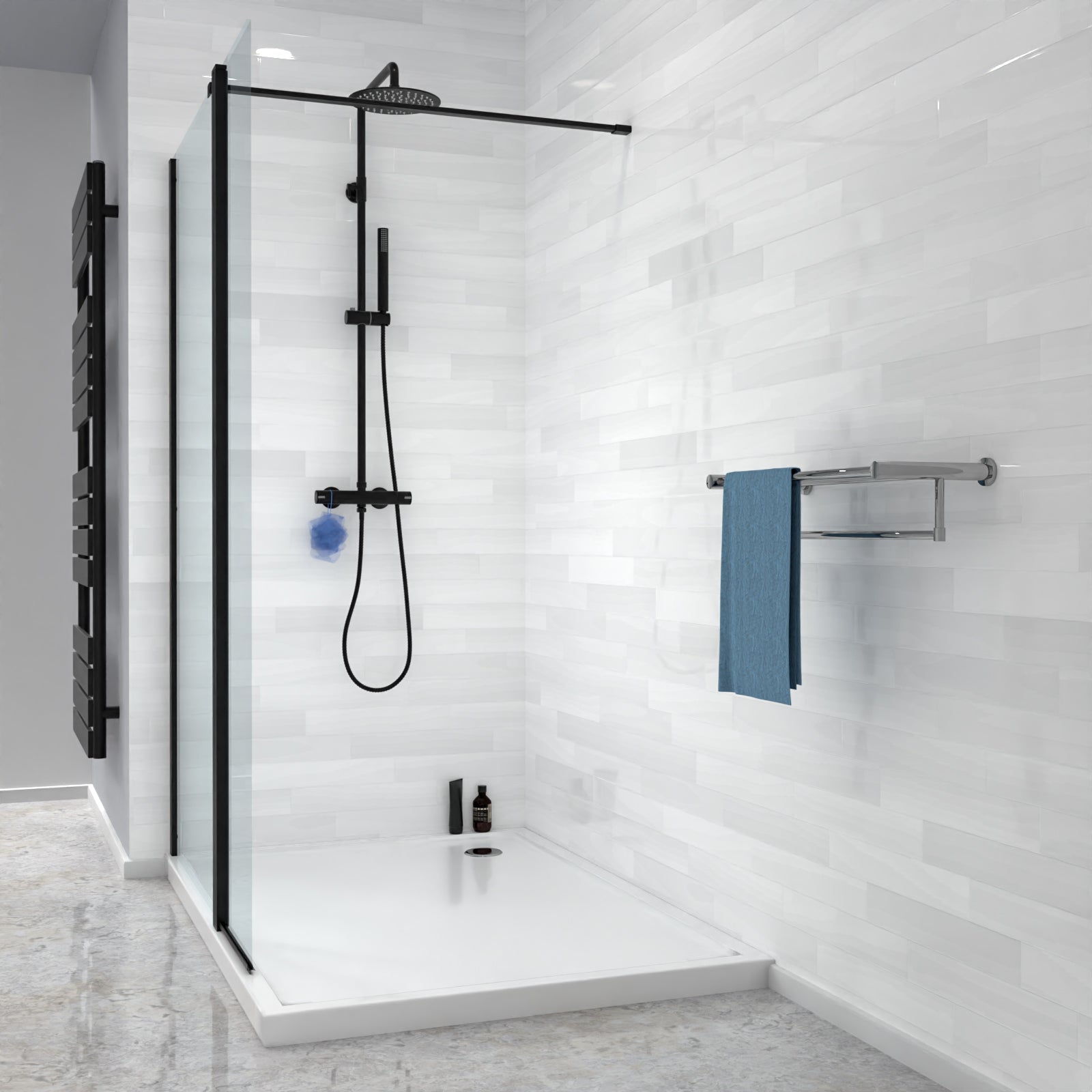 Magna Black Wet Room 1200 Shower 8mm Tempered Glass Screen with 300mm Flipper Panel