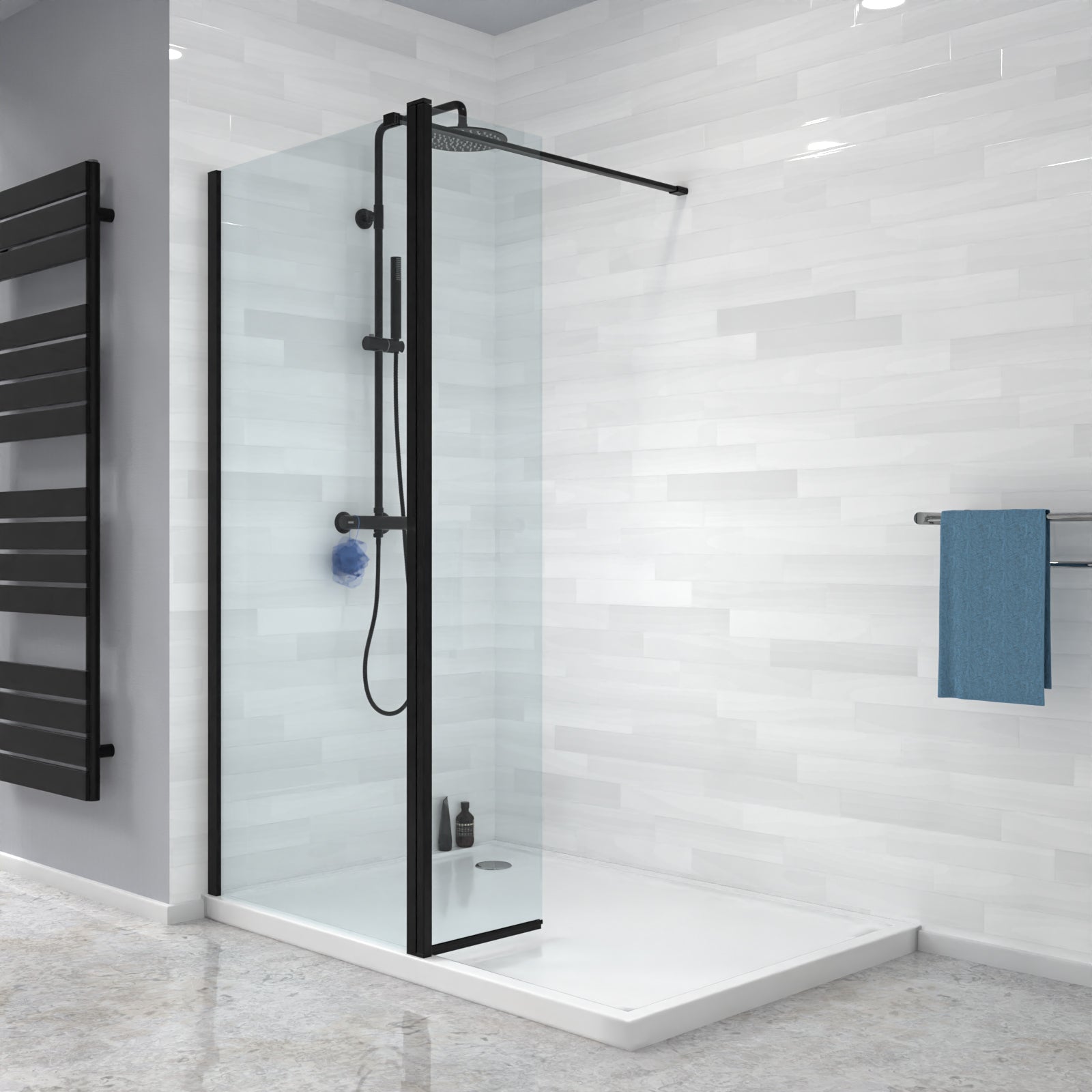 Magna Black Wet Room 1200 Shower 8mm Tempered Glass Screen with 300mm Flipper Panel