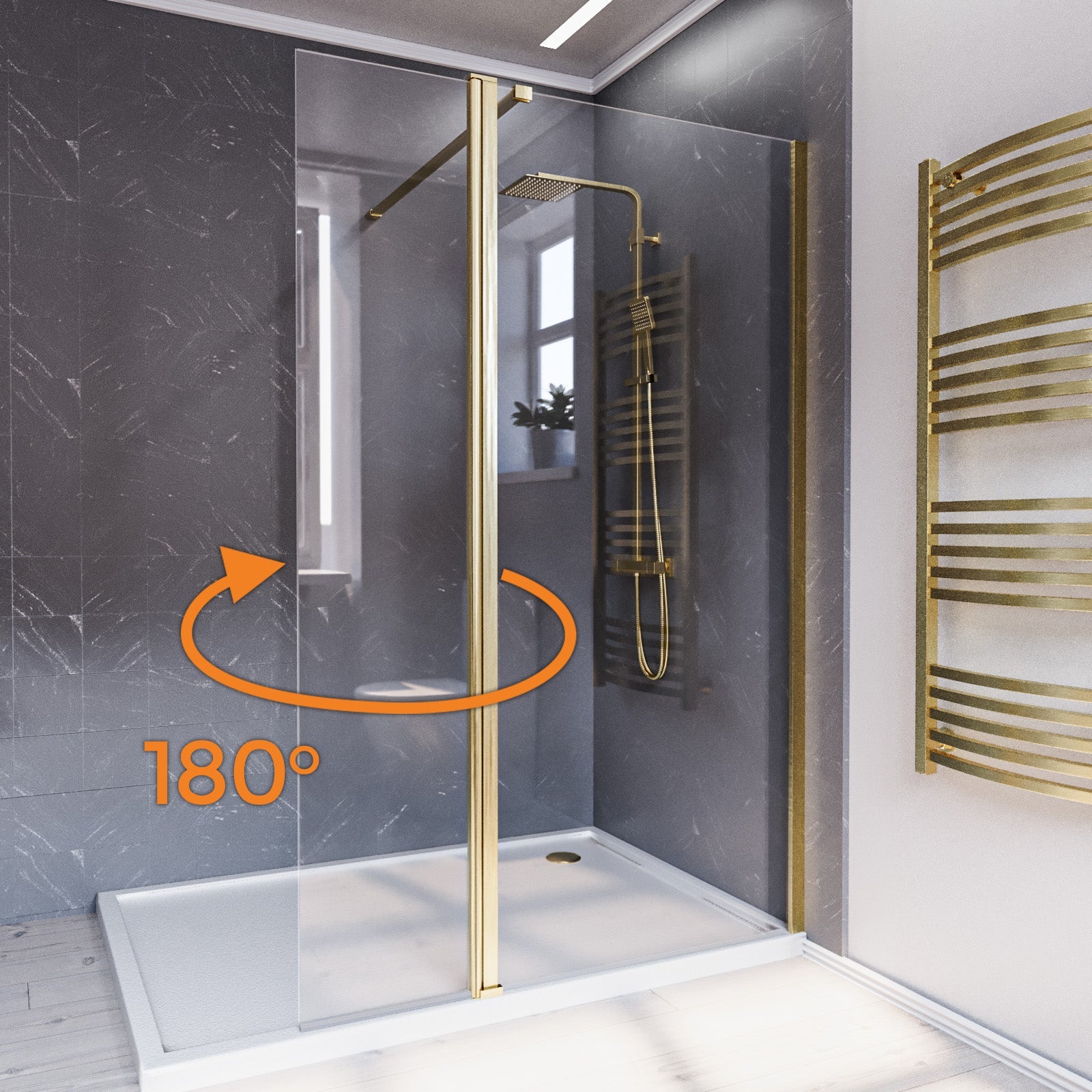 Brushed Brass 700mm Wet Room Shower Screen 8mm Tempered Glass With 300mm Flipper Panel
