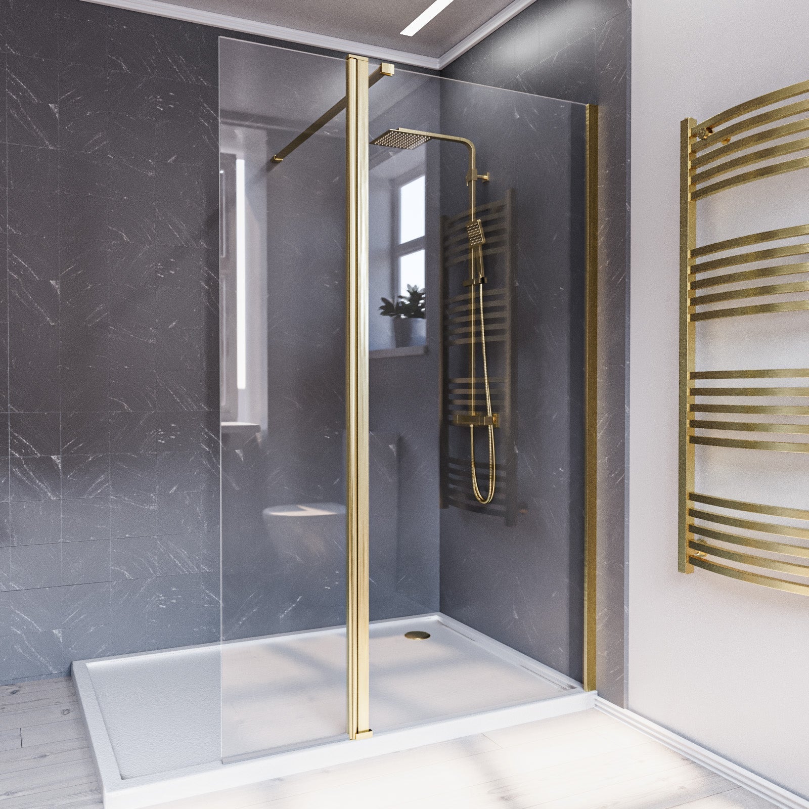 Brushed Brass 700mm Wet Room Shower Screen 8mm Tempered Glass With 300mm Flipper Panel