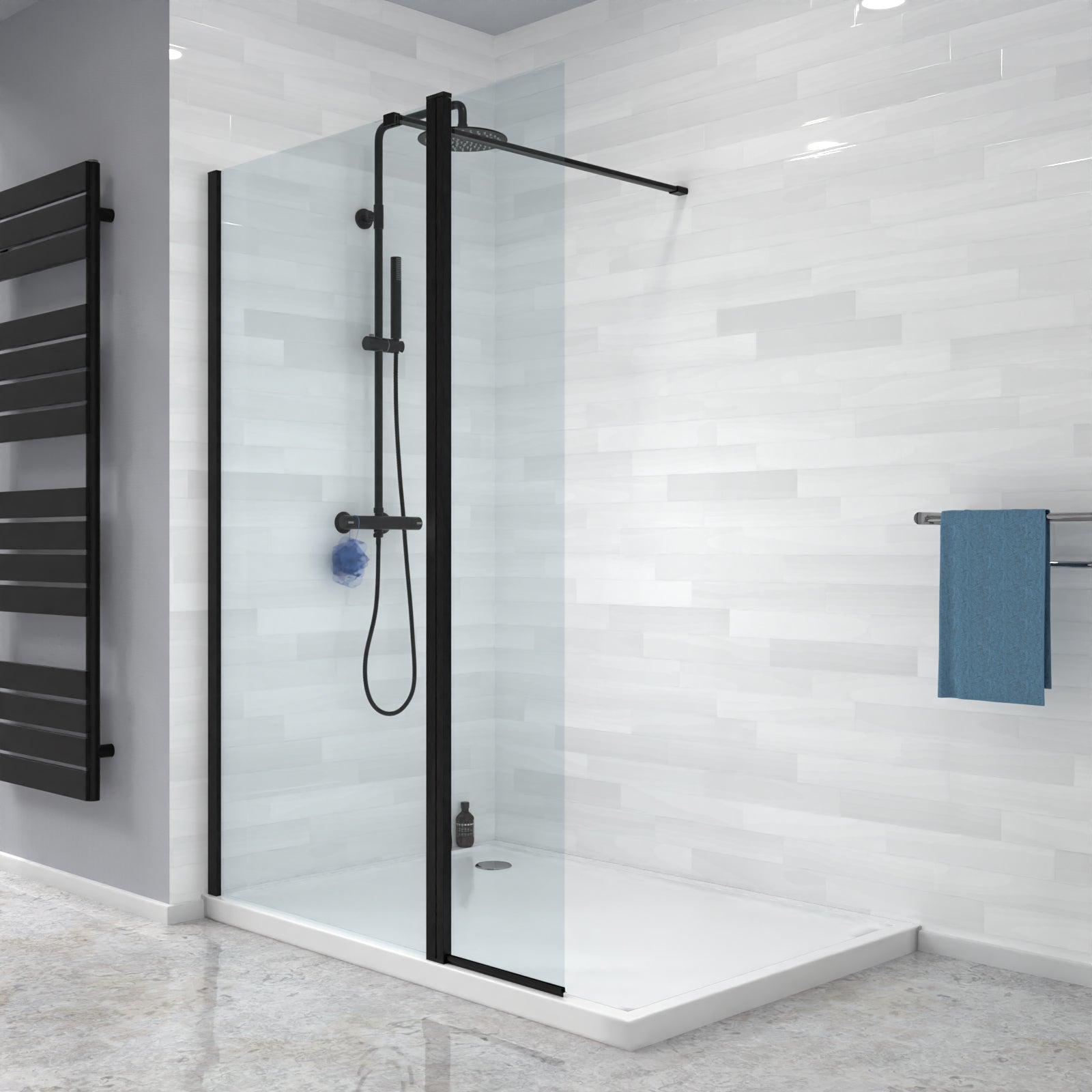 Magna Black 800mm Wet Room Shower 8mm Tempered Glass Screen With 300mm Flipper Panel