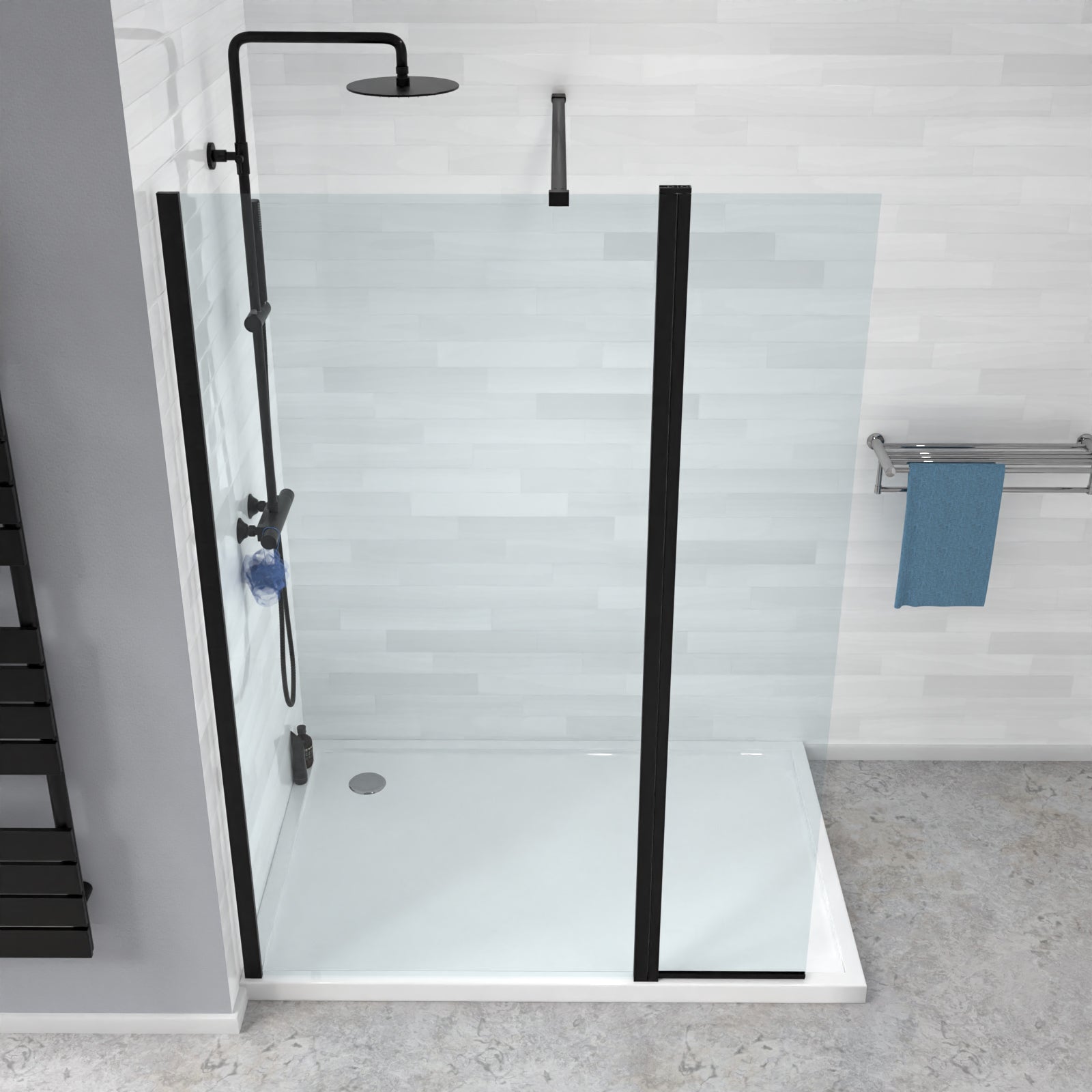 Magna Black 900mm Wet Room Shower 8mm Tempered Glass Screen With 300mm Flipper Panel