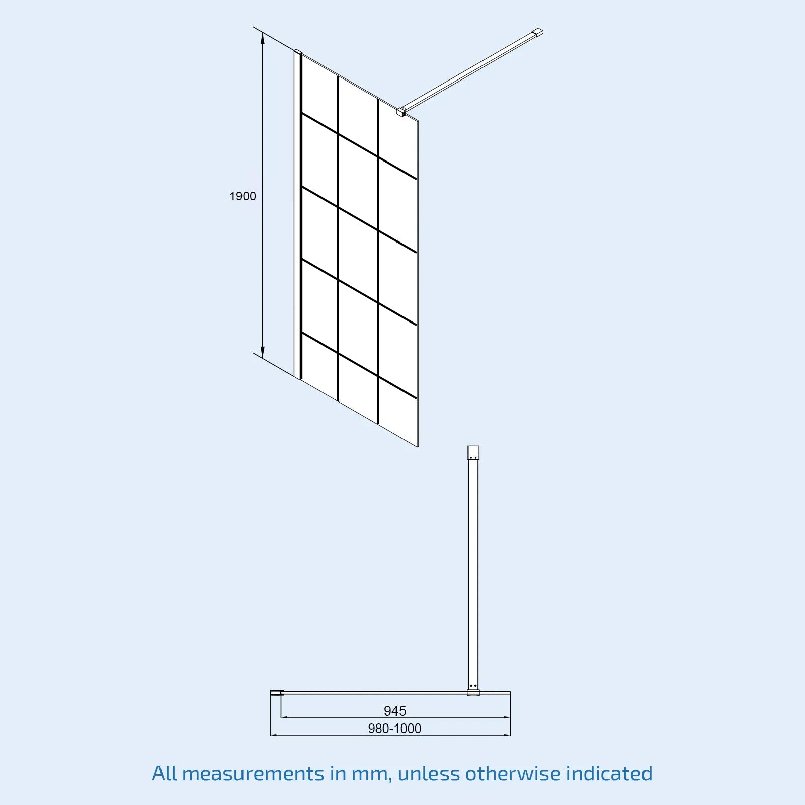 Black grid 8mm framed walk-in shower enclosure with support bar 1000 mm image # Options_1000 mm