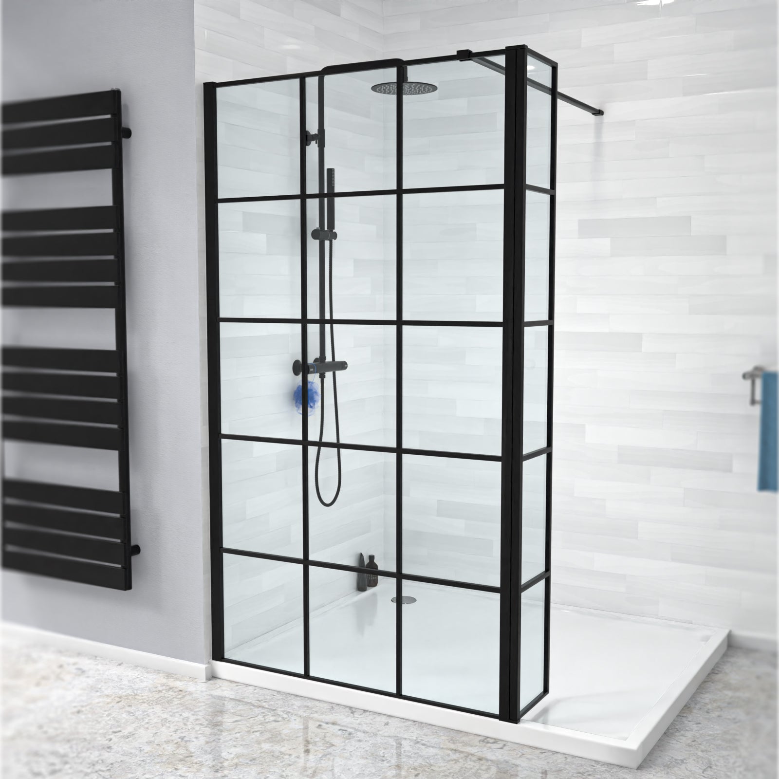 Magna Black Grid 1000mm Wet Room Shower Screen 8mm Tempered Glass & 300mm Return Panel