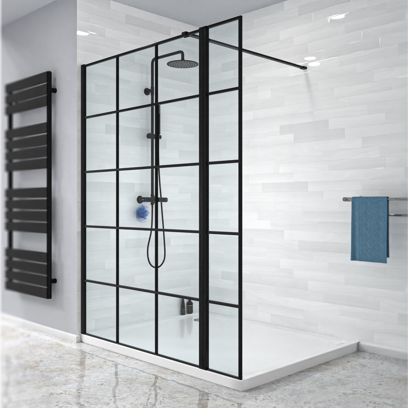 Magna Black Grid 1200mm Shower Screen 8mm Tempered Glass & 300mm Return Panel