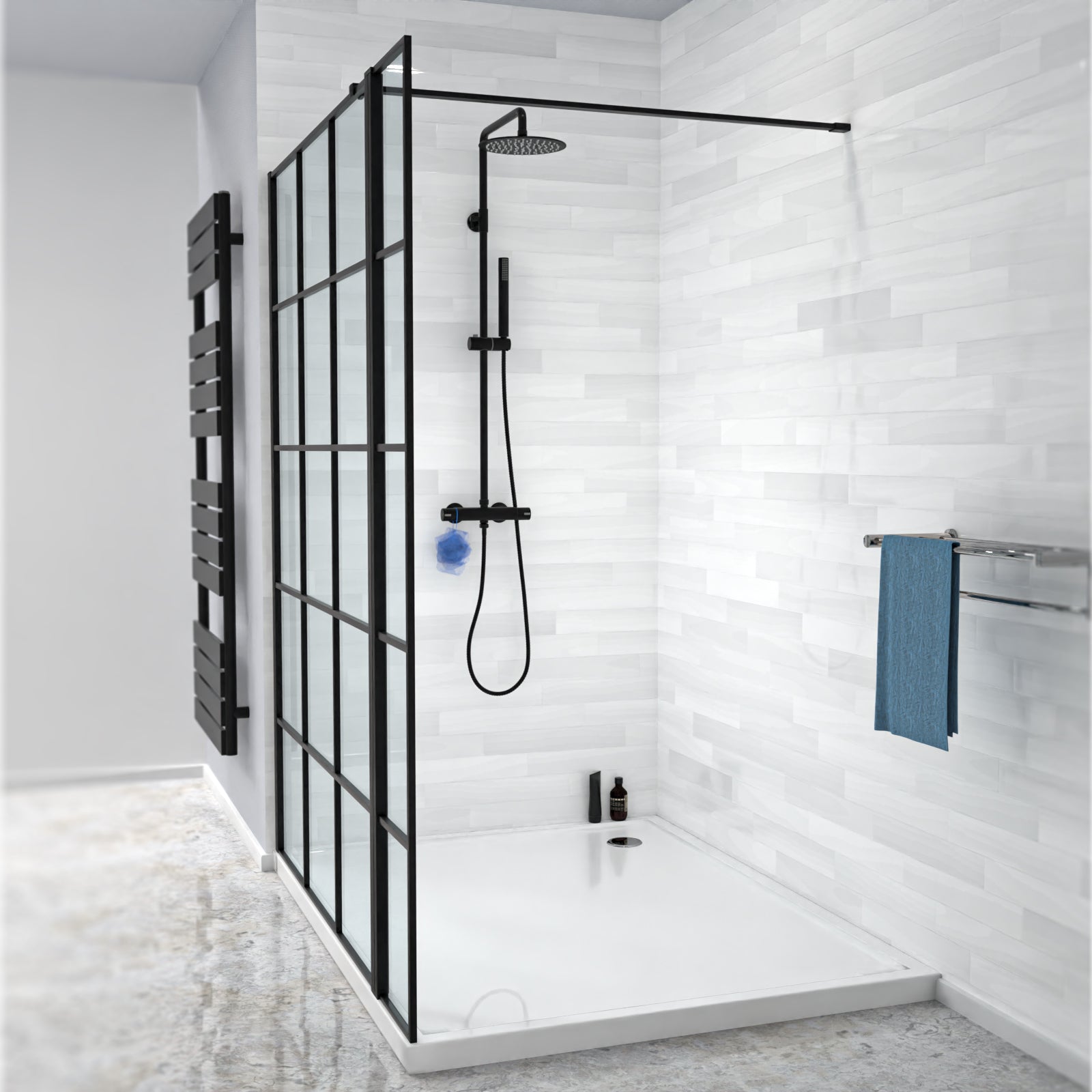 Magna Black Grid 1200mm Shower Screen 8mm Tempered Glass & 300mm Return Panel