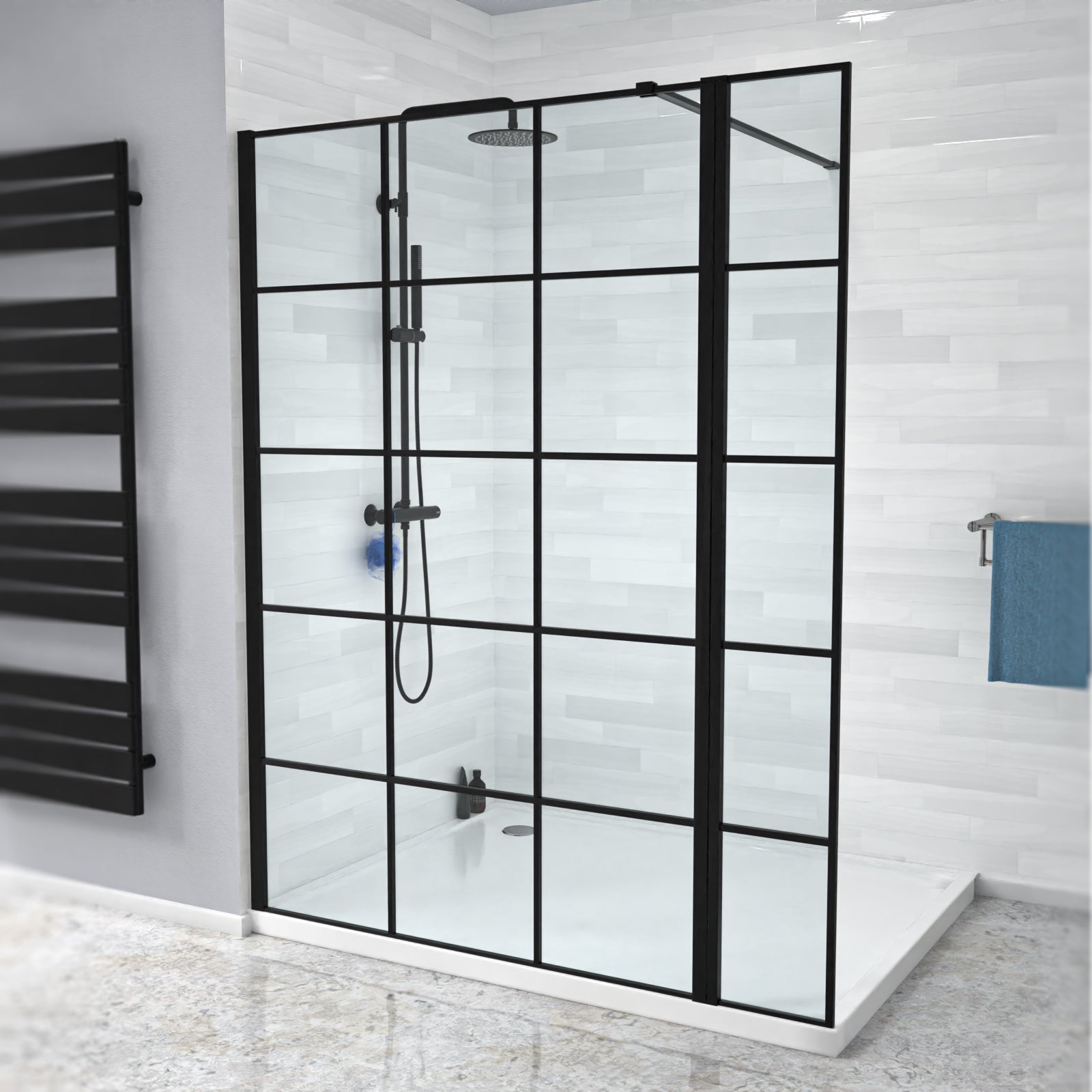 Magna Black Grid 1200mm Shower Screen 8mm Tempered Glass & 300mm Return Panel