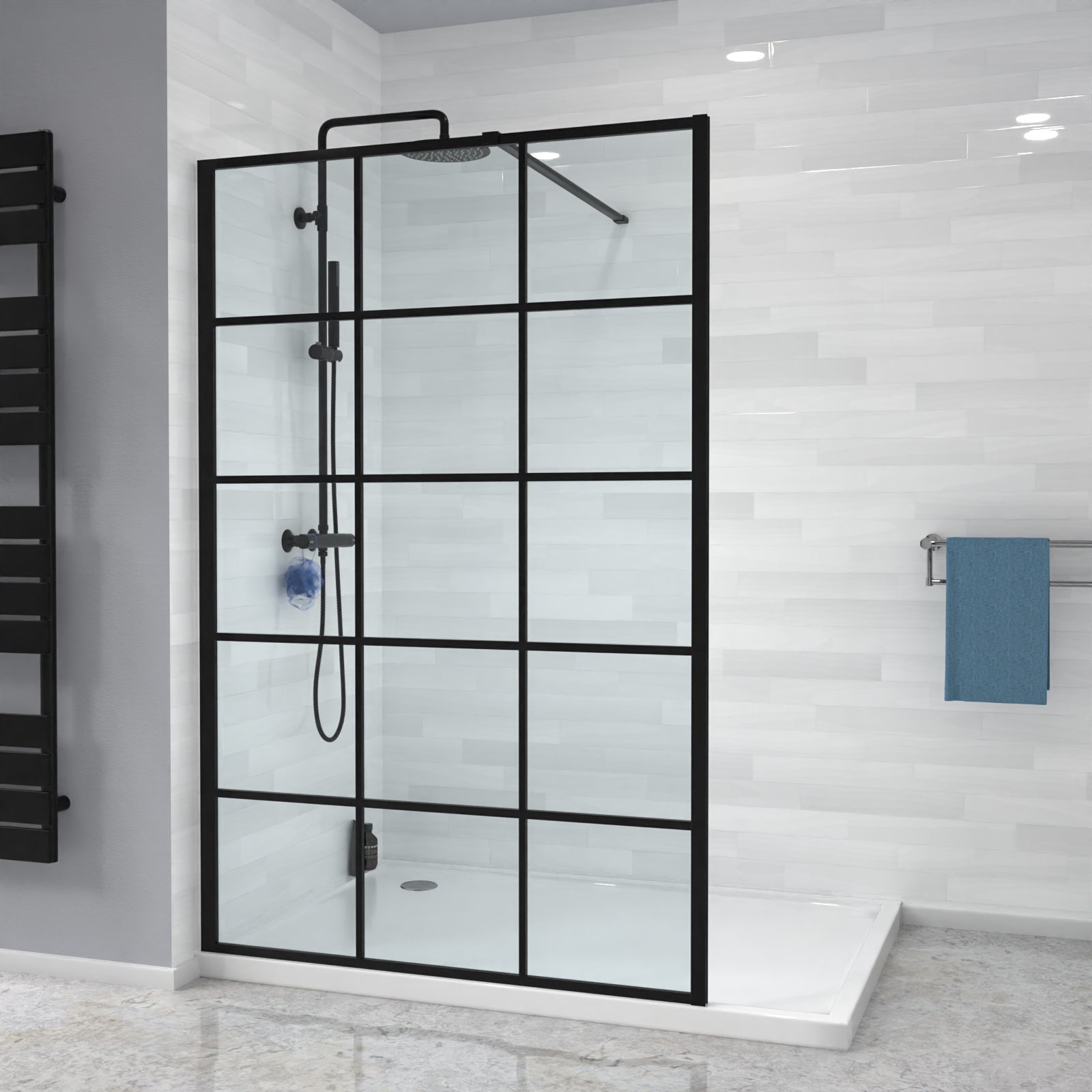 Black grid 8mm framed walk-in shower enclosure with support bar 1200 mm image # Options_1200 mm