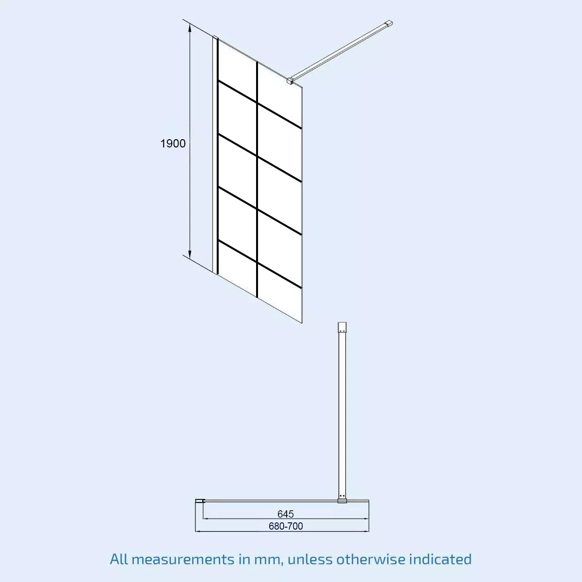 Black grid 8mm framed walk-in shower enclosure with support bar 700 mm image # Options_700 mm