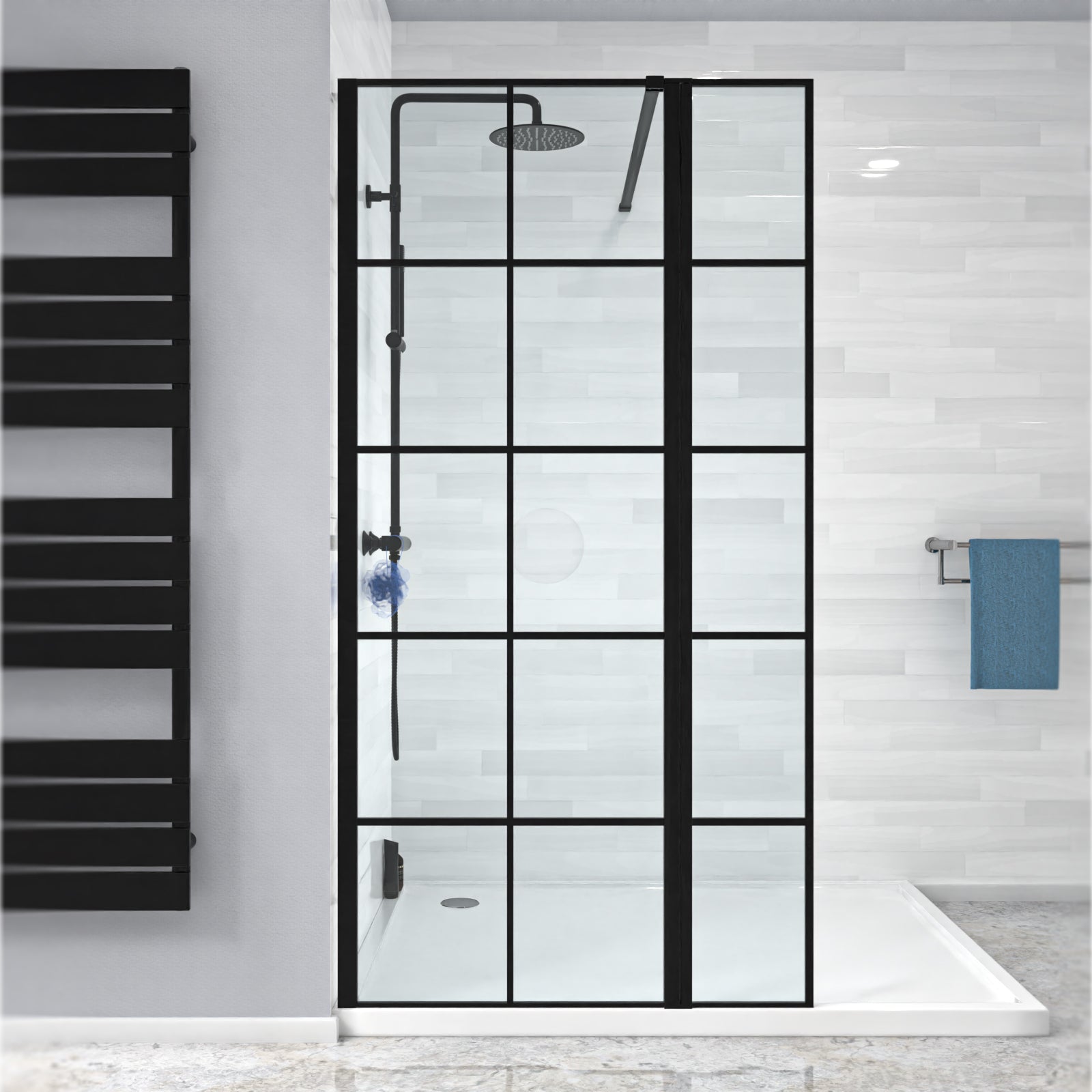 Magna Black Grid 700mm Wet Room Shower Screen 8mm Tempered Glass & 300mm Return Panel
