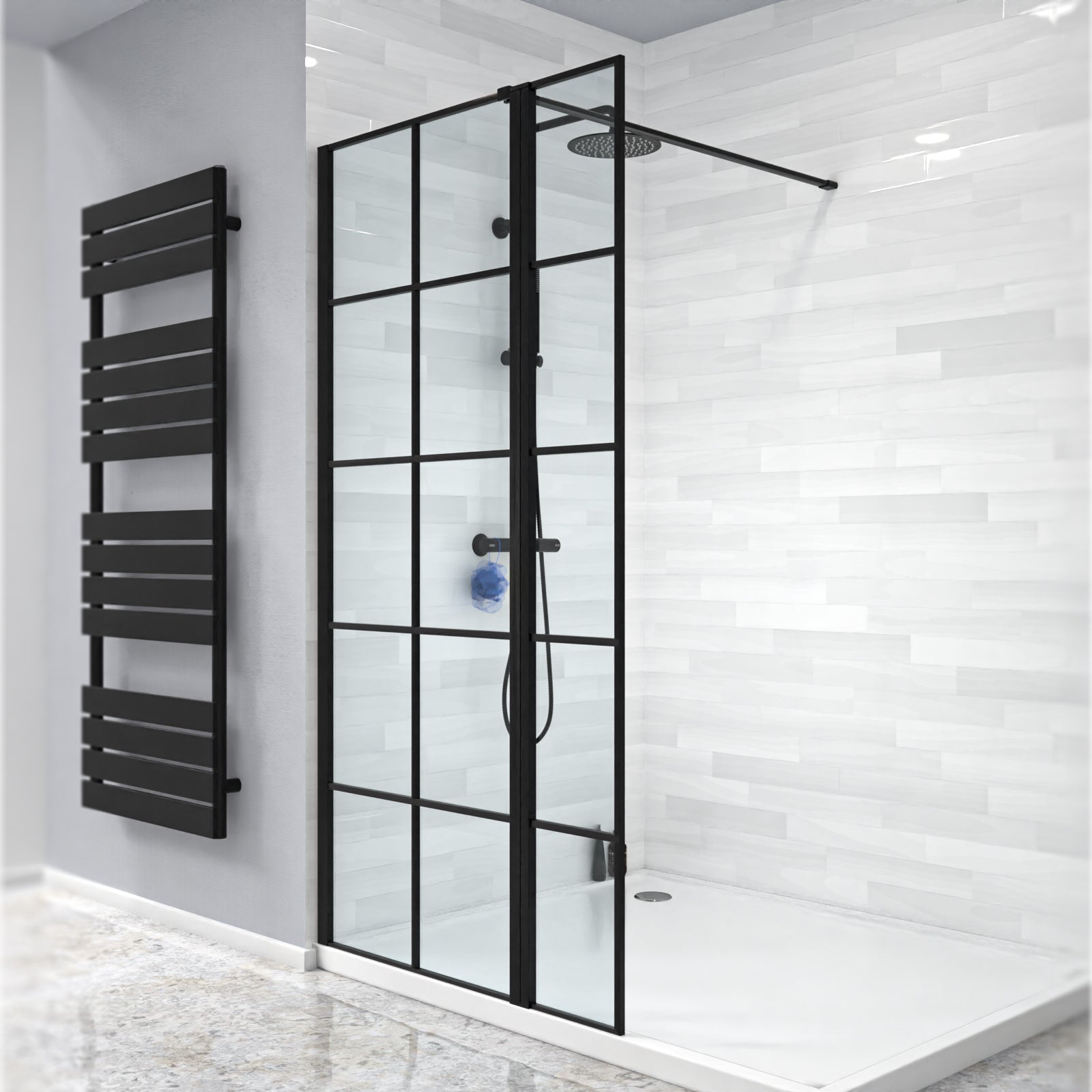Magna Black Grid 900mm Wet Room Shower Screen 8mm Tempered Glass & 300mm Return Panel