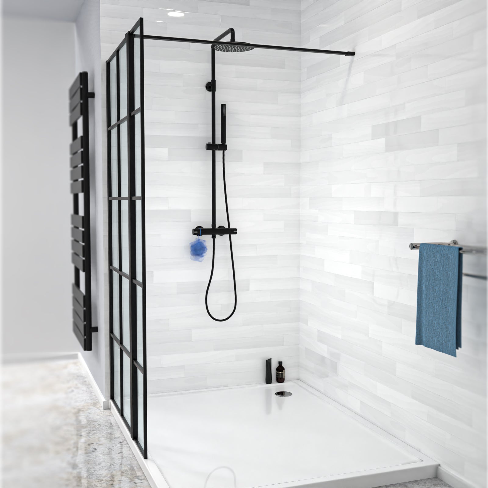 Magna Black Grid 700mm Wet Room Shower Screen 8mm Tempered Glass & 300mm Return Panel