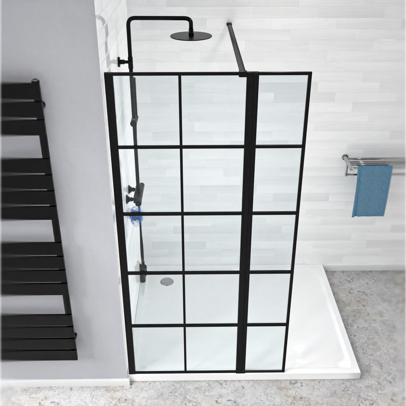 Magna Black Grid 700mm Wet Room Shower Screen 8mm Tempered Glass & 300mm Return Panel