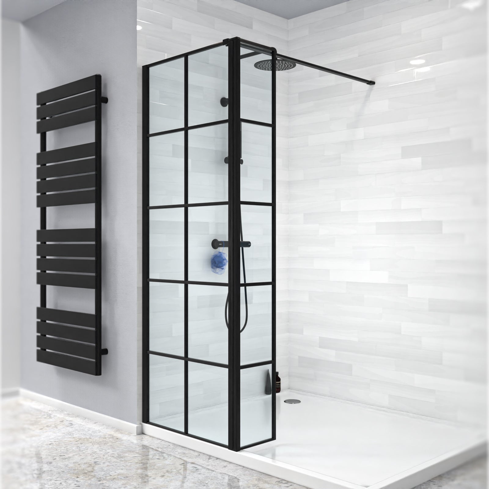 Magna Black Grid 900mm Wet Room Shower Screen 8mm Tempered Glass & 300mm Return Panel