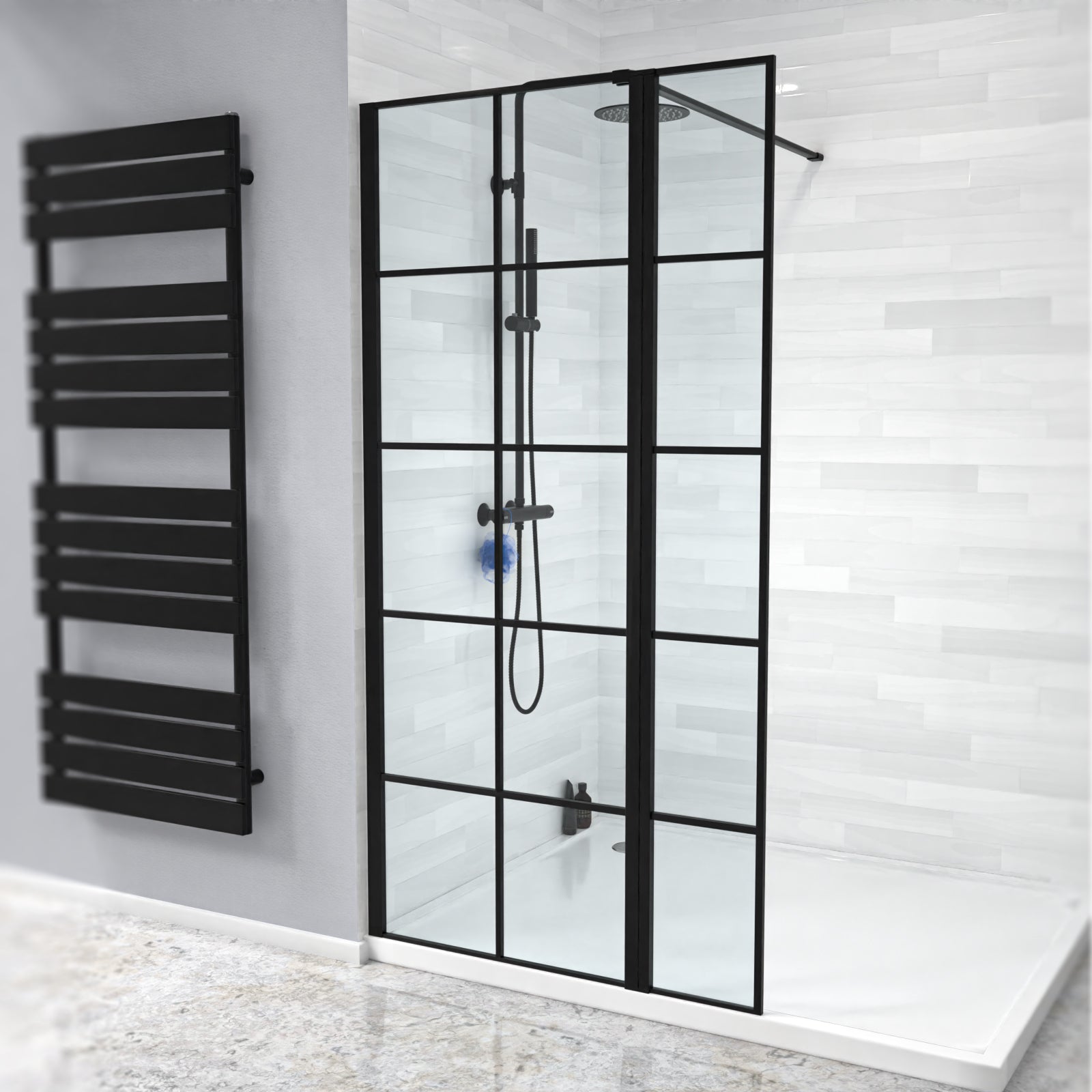 Magna Black Grid 900mm Wet Room Shower Screen 8mm Tempered Glass & 300mm Return Panel