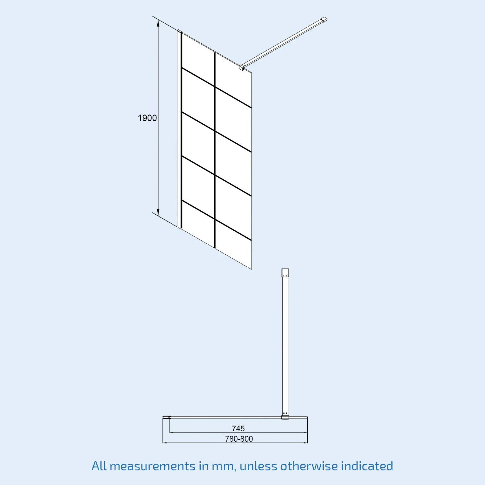 Black grid 8mm framed walk-in shower enclosure with support bar 800 mm image # Options_800 mm