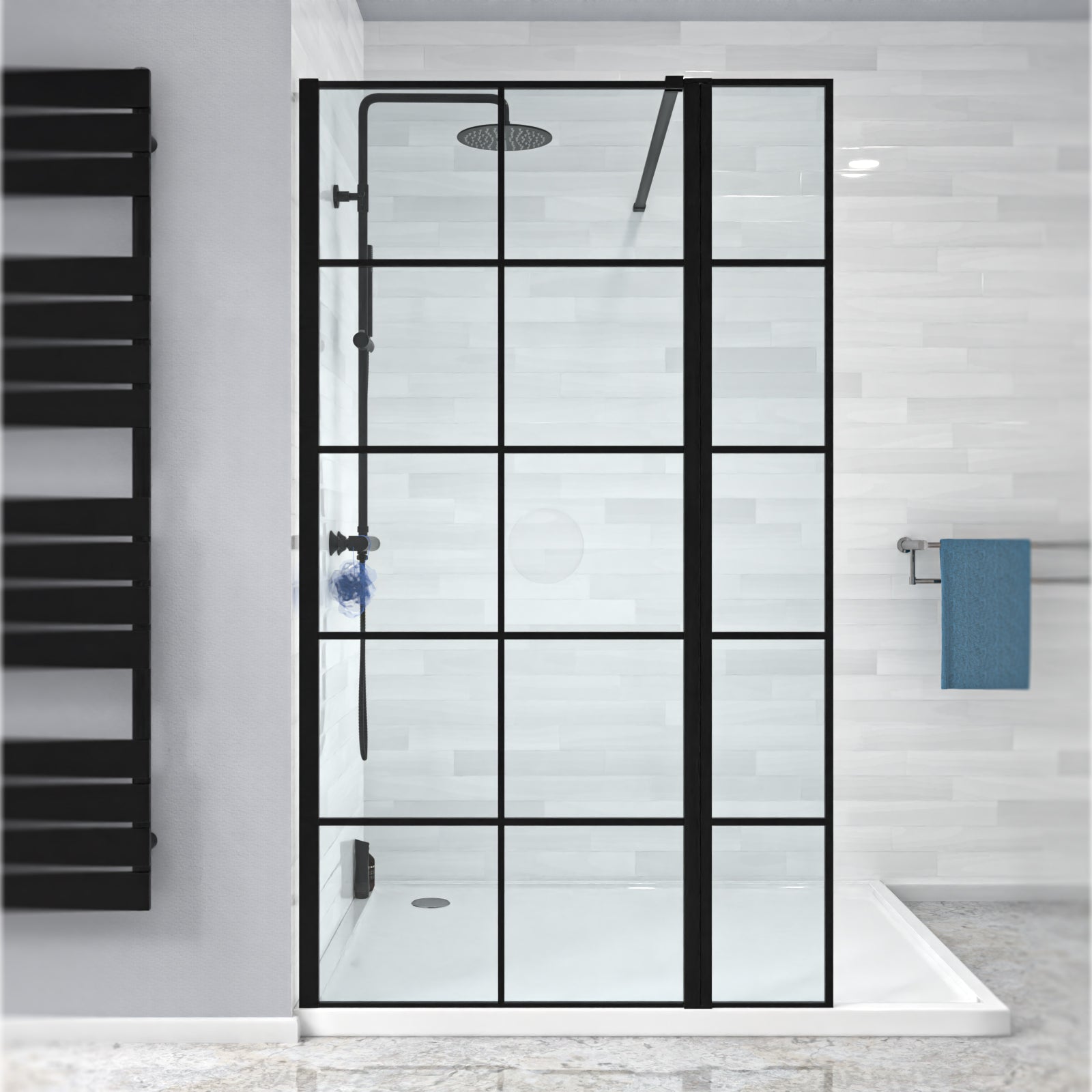 Magna Black Grid 800mm Wet Room Shower Screen 8mm Tempered Glass & 300mm Return Panel