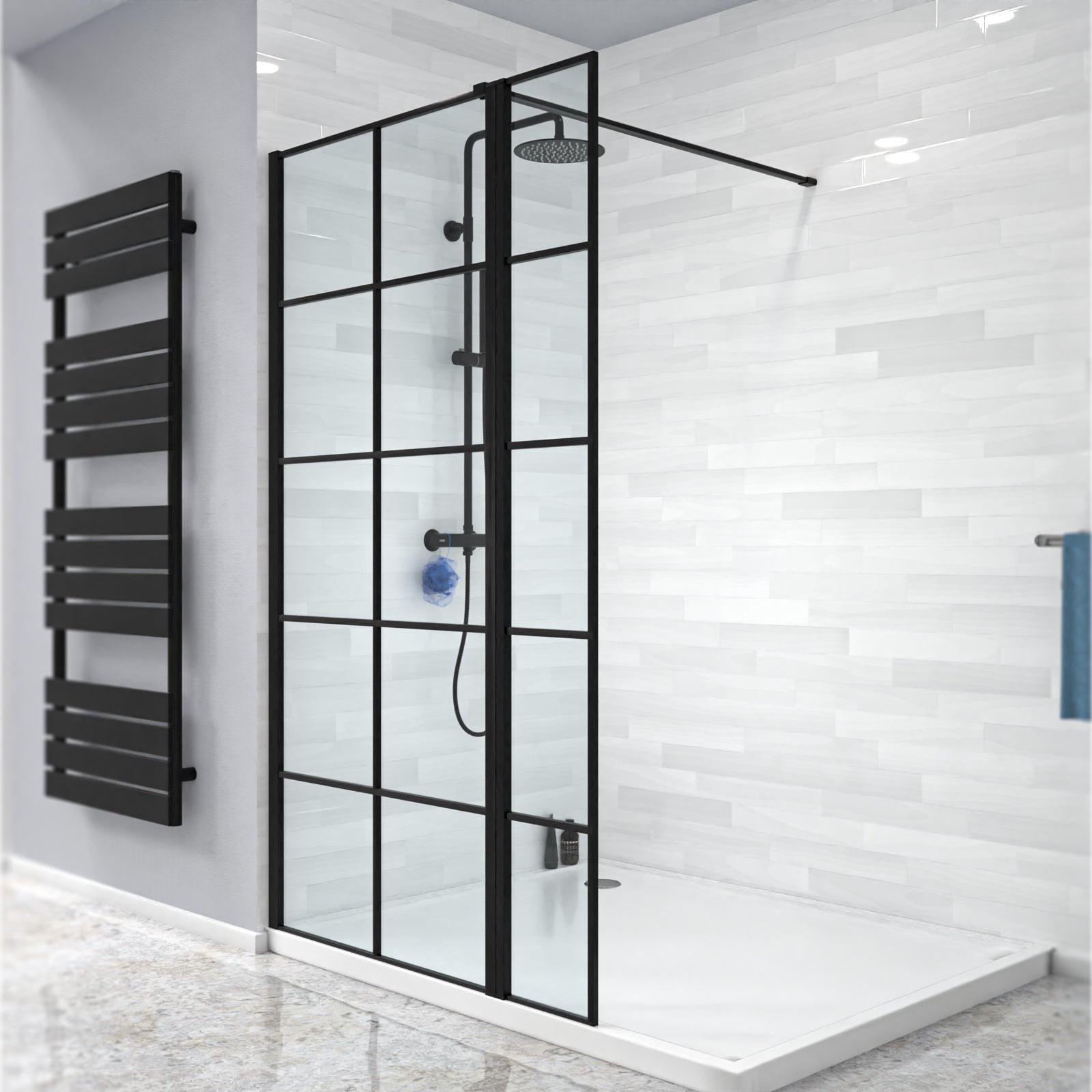 Magna Black Grid 800mm Wet Room Shower Screen 8mm Tempered Glass & 300mm Return Panel
