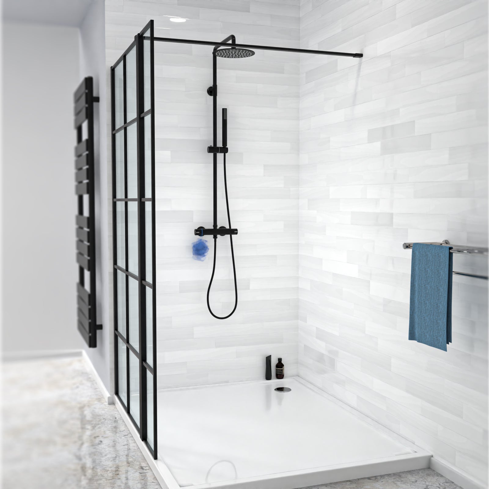Magna Black Grid 800mm Wet Room Shower Screen 8mm Tempered Glass & 300mm Return Panel