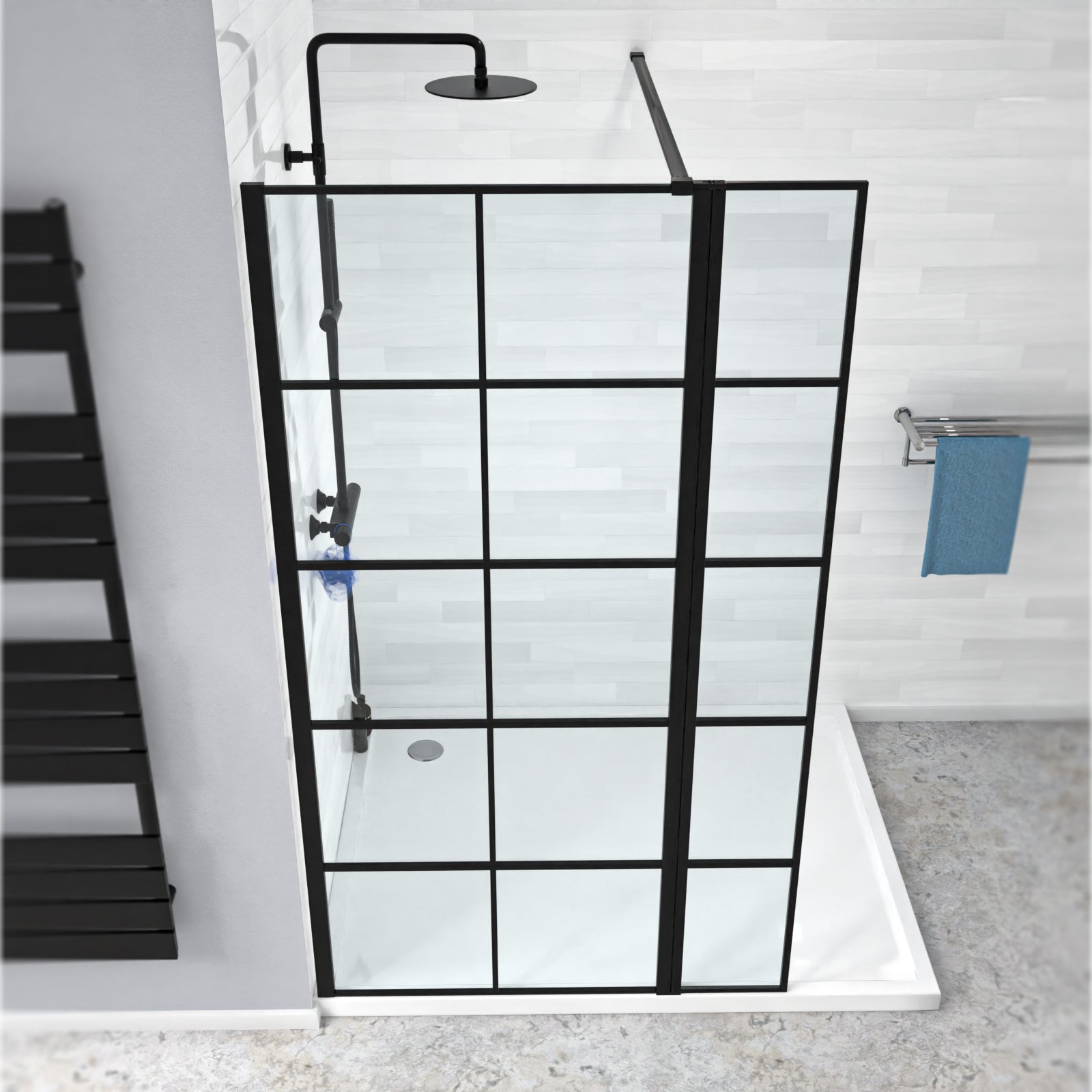 Magna Black Grid 800mm Wet Room Shower Screen 8mm Tempered Glass & 300mm Return Panel
