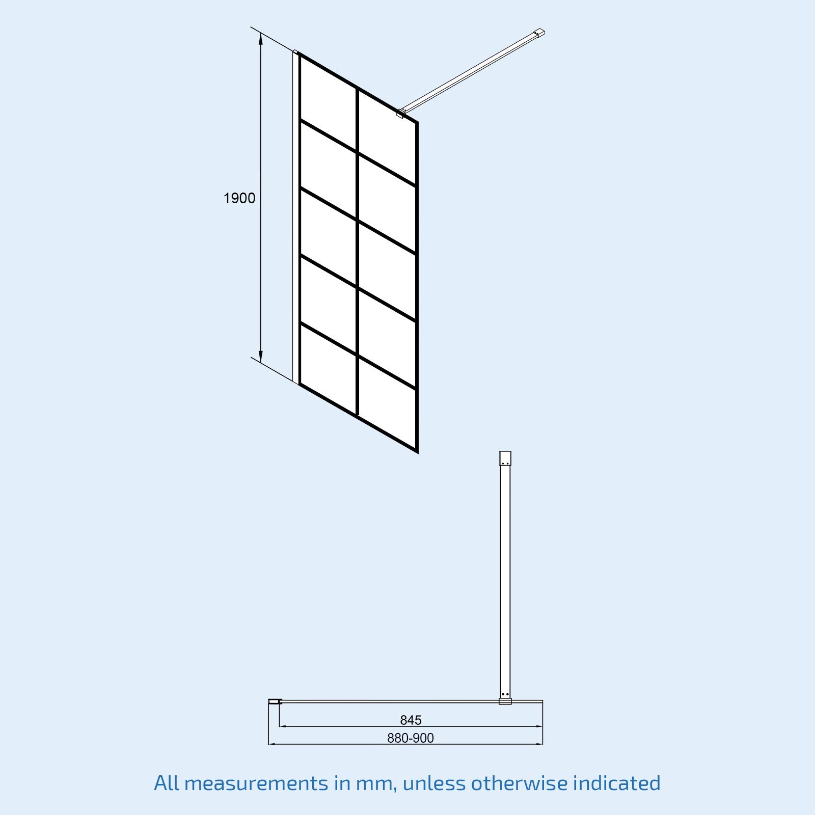 Black grid 8mm framed walk-in shower enclosure with support bar 900 mm image # Options_900 mm