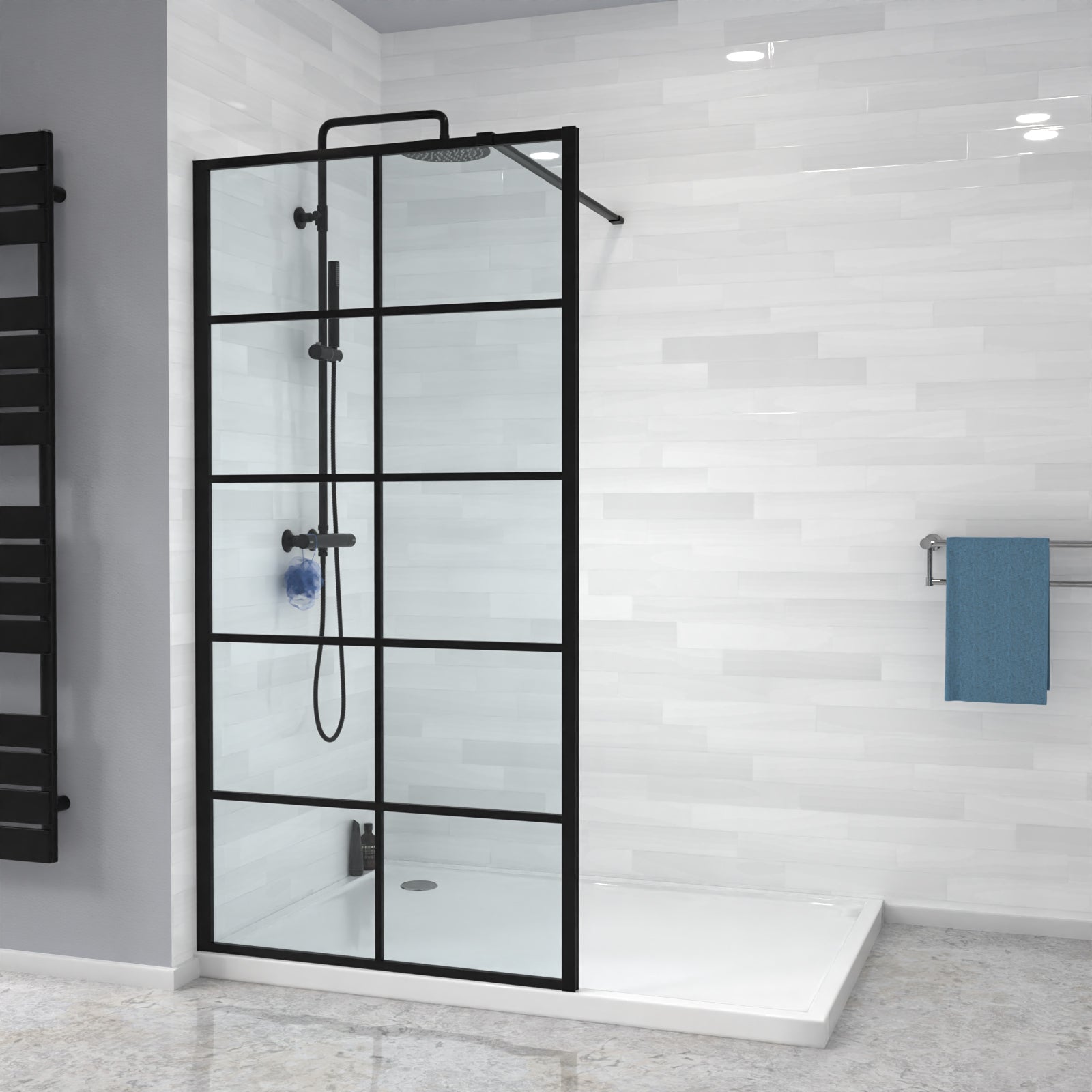Black grid 8mm framed walk-in shower enclosure with support bar 700 mm image # Options_700 mm