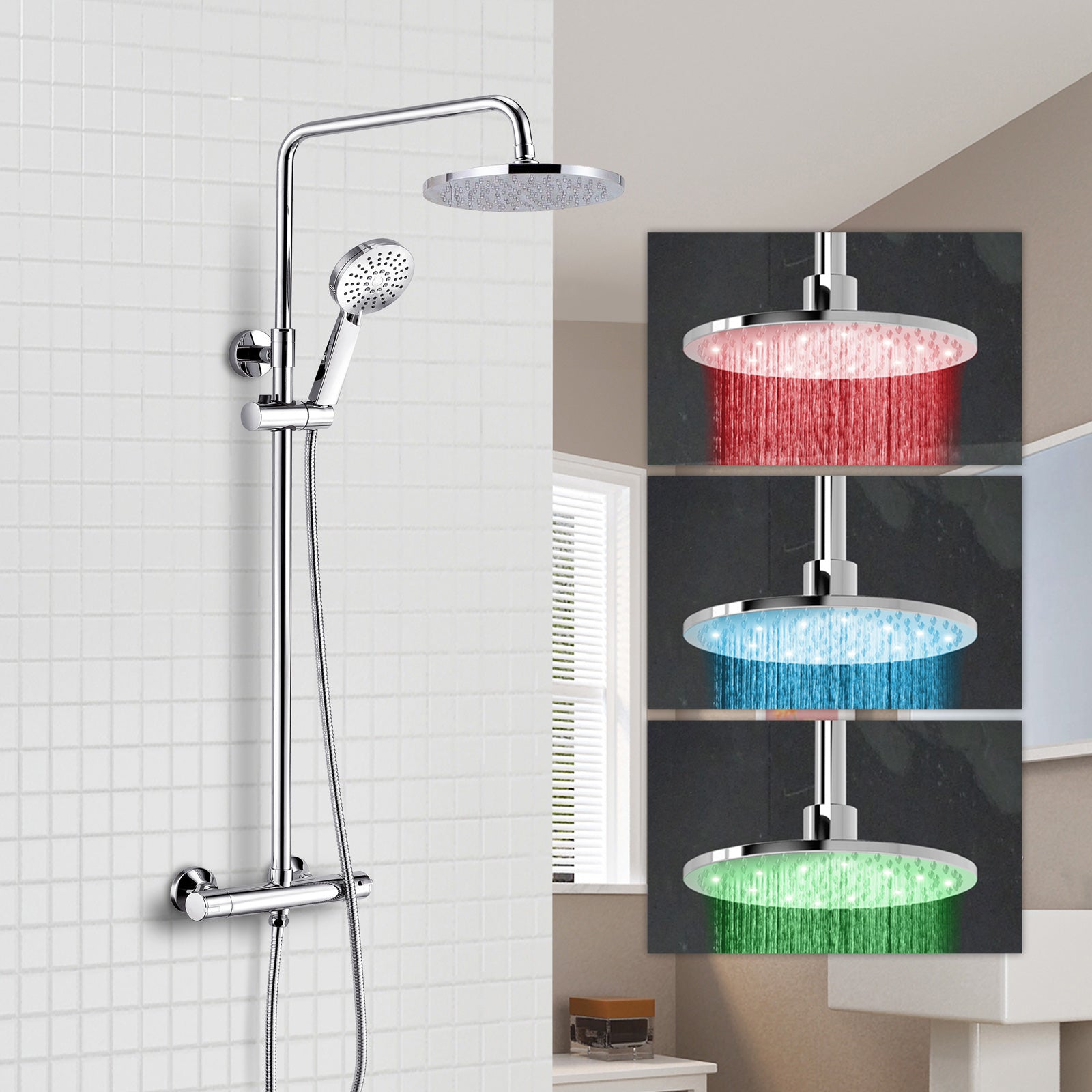 Regent Round Led Thermostatic Bar Valve & Riser Rail Kit with LED Lights