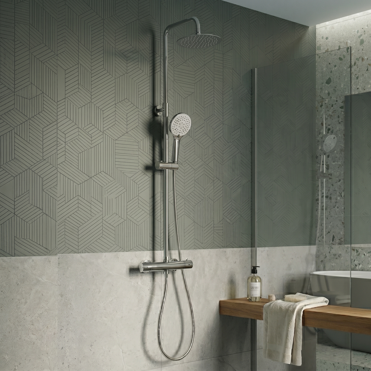 Kartell Plan Chrome Round 2 Way Thermostatic Bar Shower with Ultraslim Overhead Drencher and Sliding Handset - SHO007PL