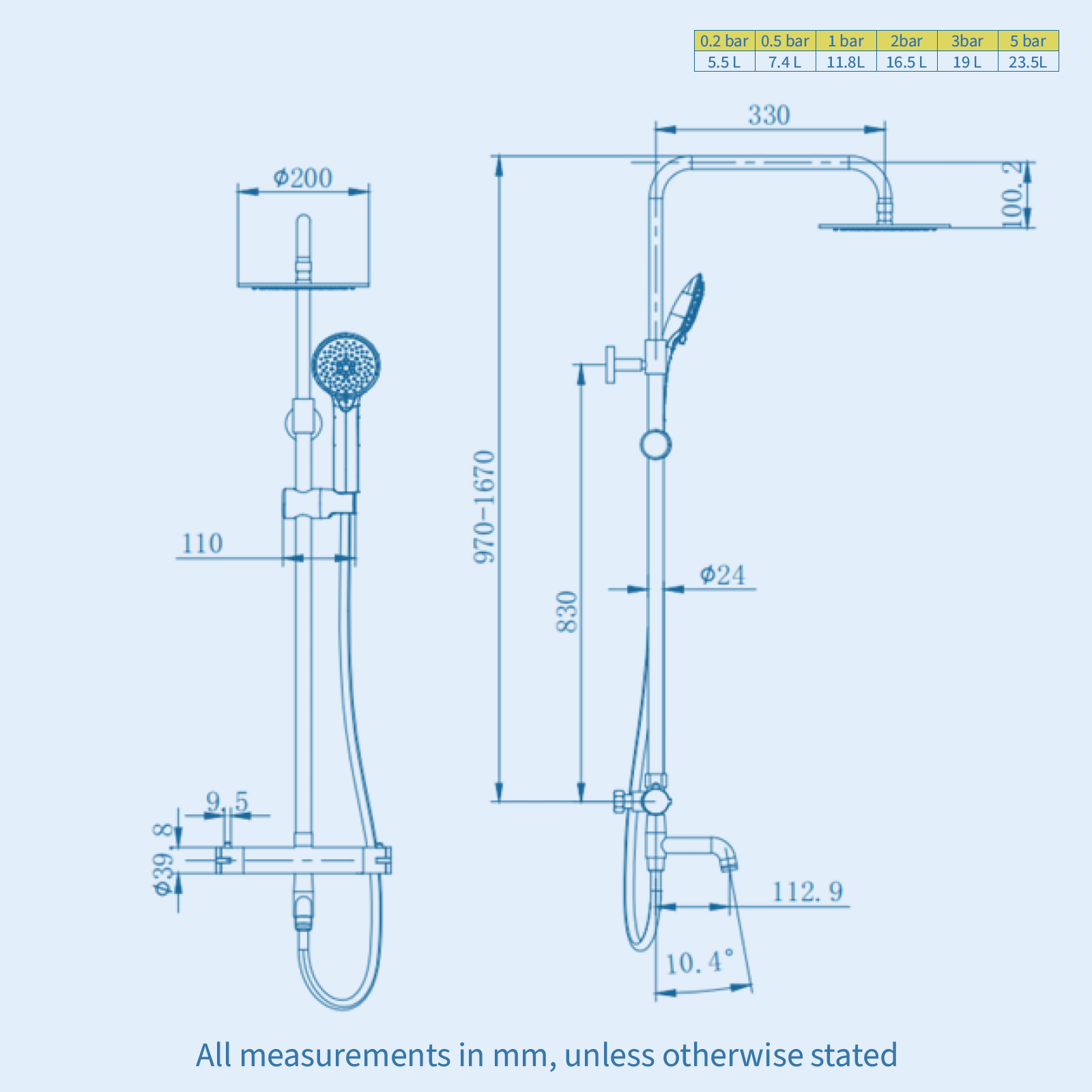 Kartell Plan Chrome Round 3 Way Thermostatic Bar Shower Mixer with Overhead Drencher and Sliding Handset - SHO011PL
