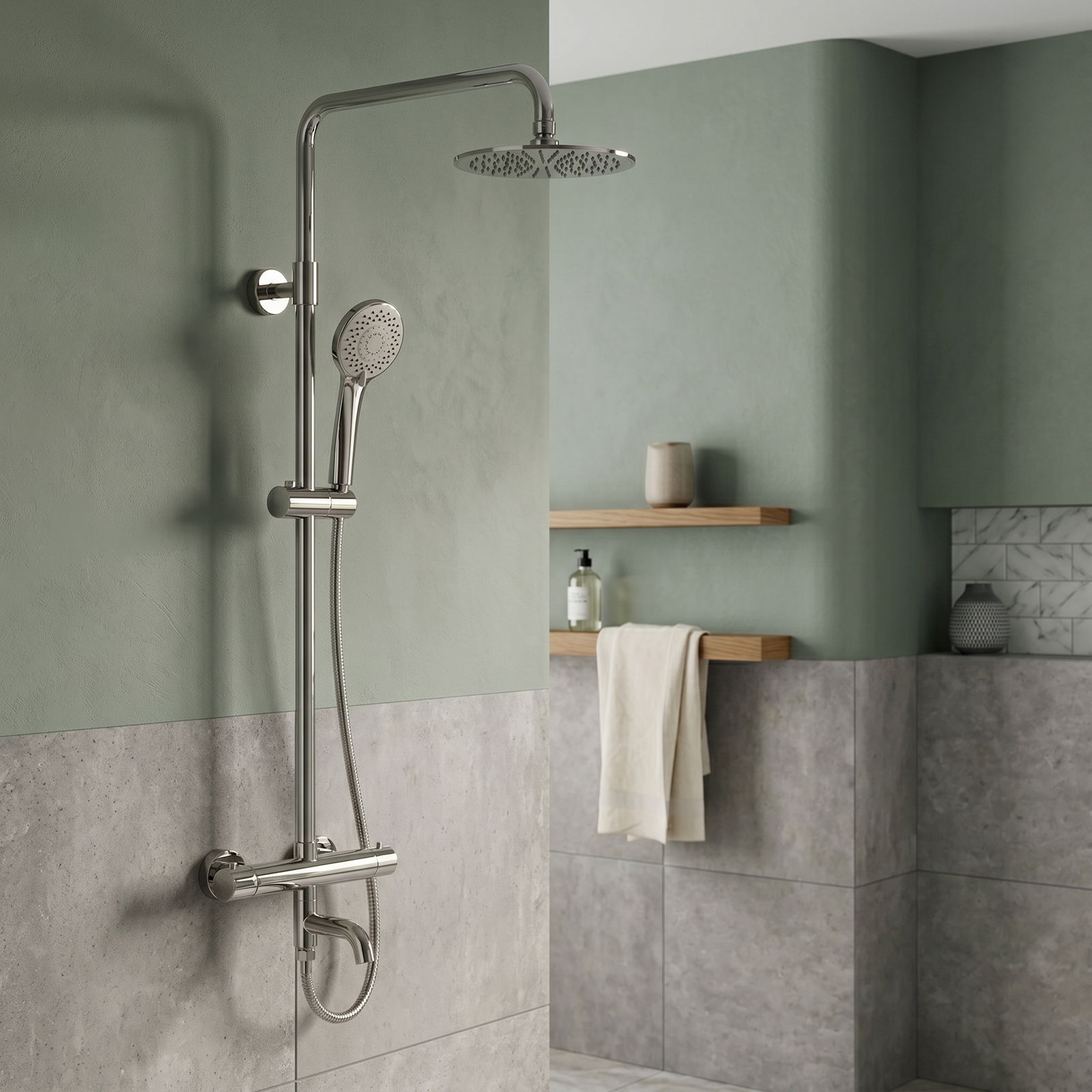 Kartell Plan Chrome Round 3 Way Thermostatic Bar Shower Mixer with Overhead Drencher and Sliding Handset - SHO011PL