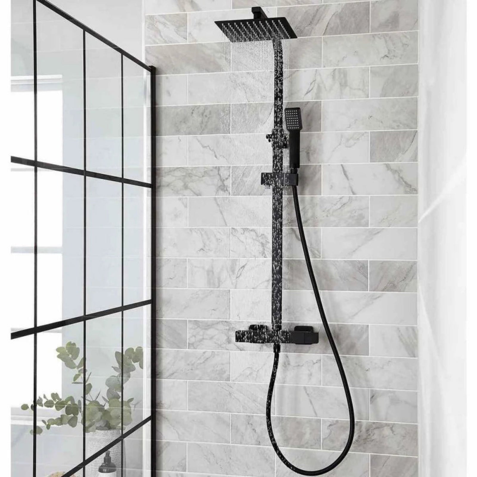 Kartell Nero Black Square 2 Way Thermostatic Bar Shower with Overhead Drencher and Sliding Handset - SHO050NS