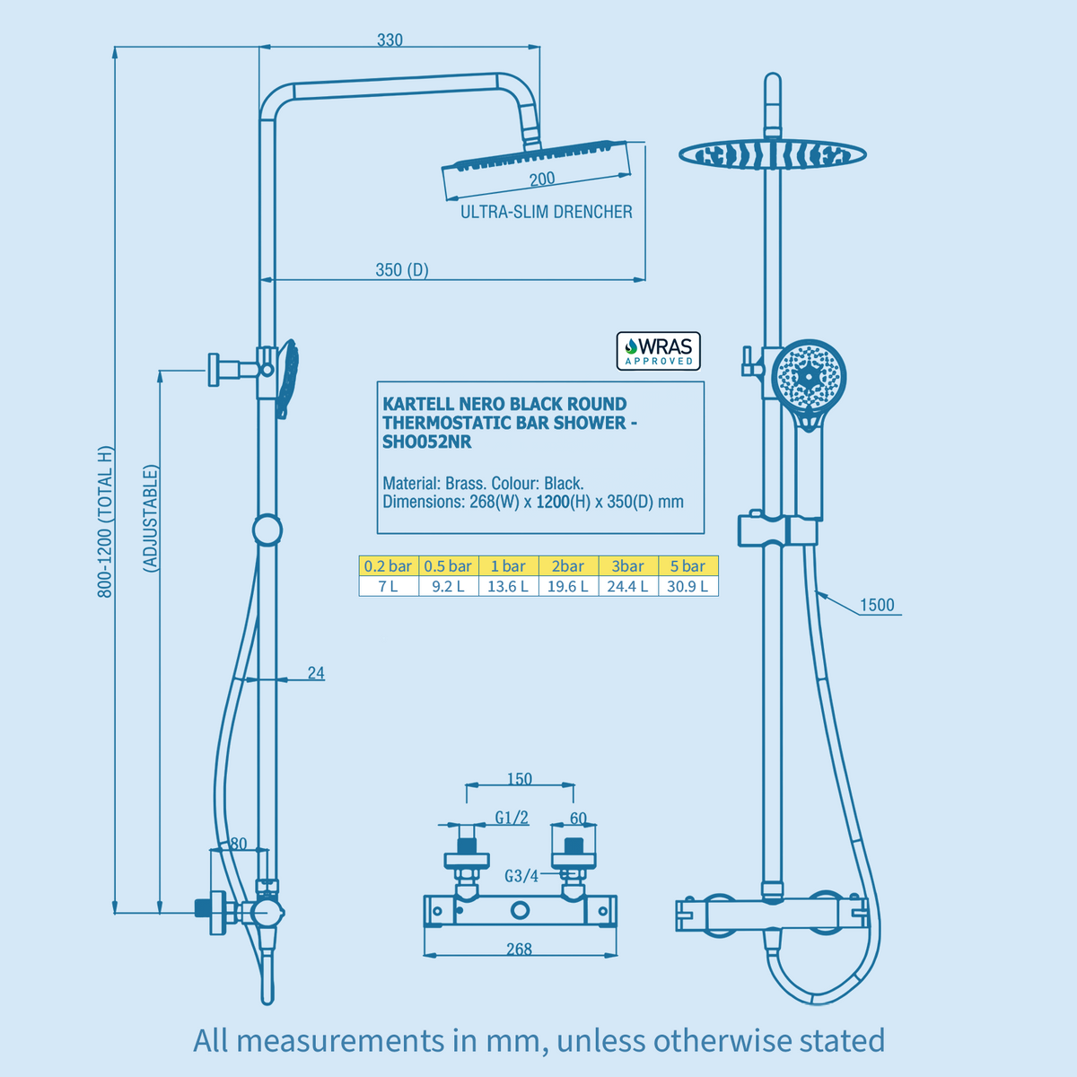 Kartell Nero Black Round 2 Way Thermostatic Bar Shower with Overhead Drencher and Sliding Handset - SHO052NR