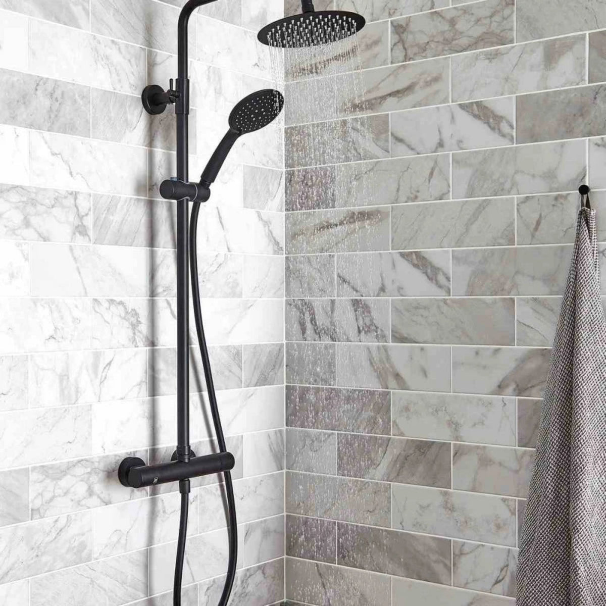 Kartell Nero Black Round 2 Way Thermostatic Bar Shower with Overhead Drencher and Sliding Handset - SHO052NR