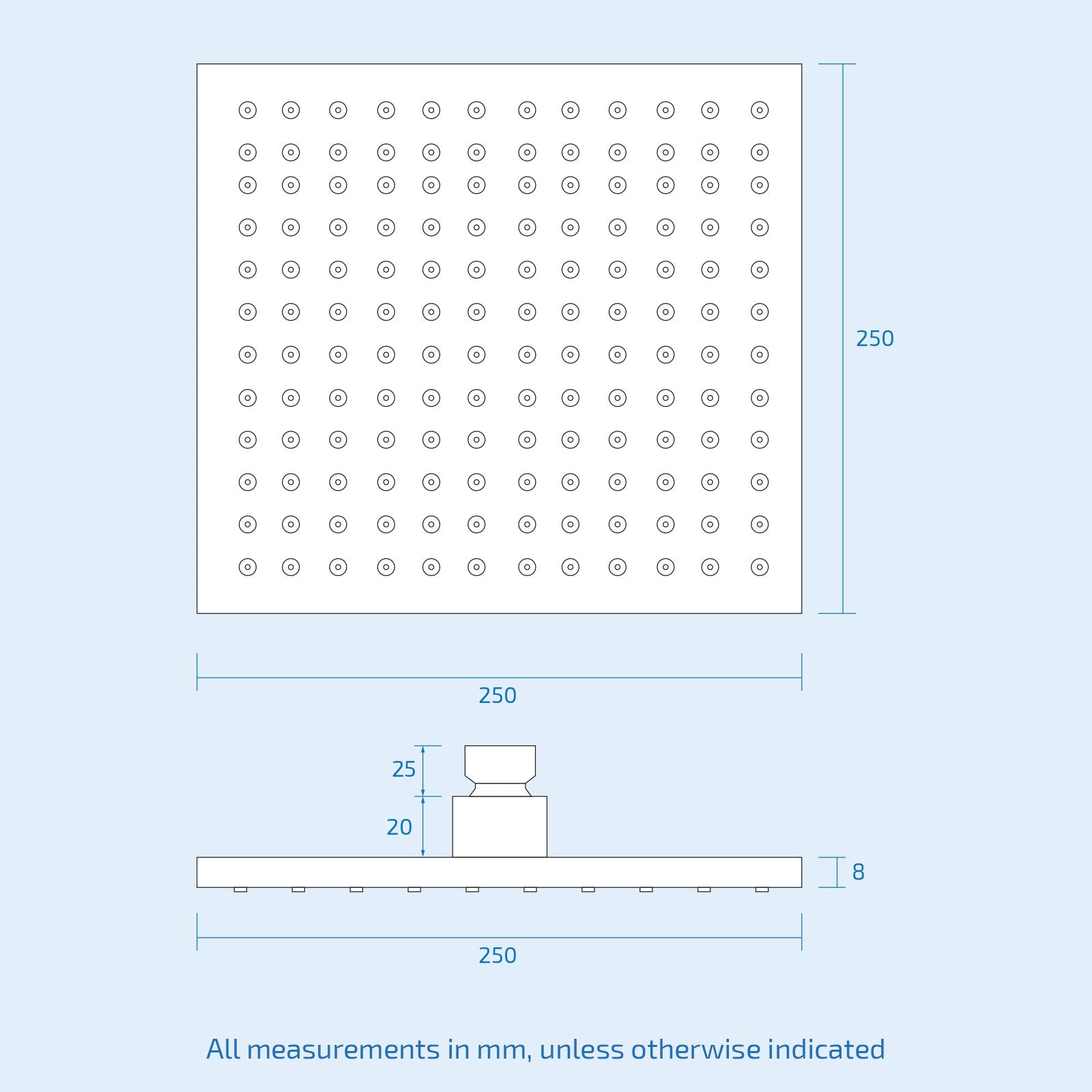 Bathroom Fixed Chrome Rainfall Shower Square Head With Rubber Nozzles 250mm