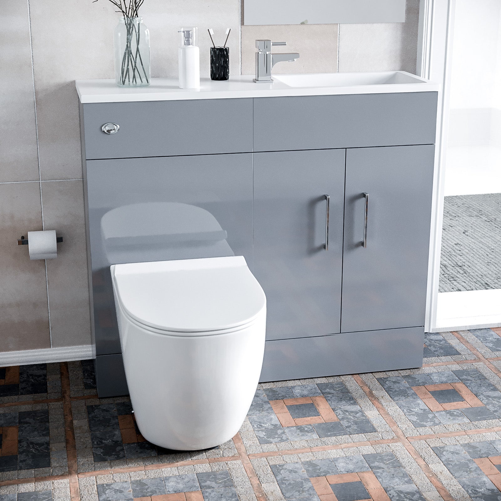 James 1000mm Light Grey Slimline Freestanding Vanity Basin & WC Unit & D Shape Rimless Round BTW Toilet