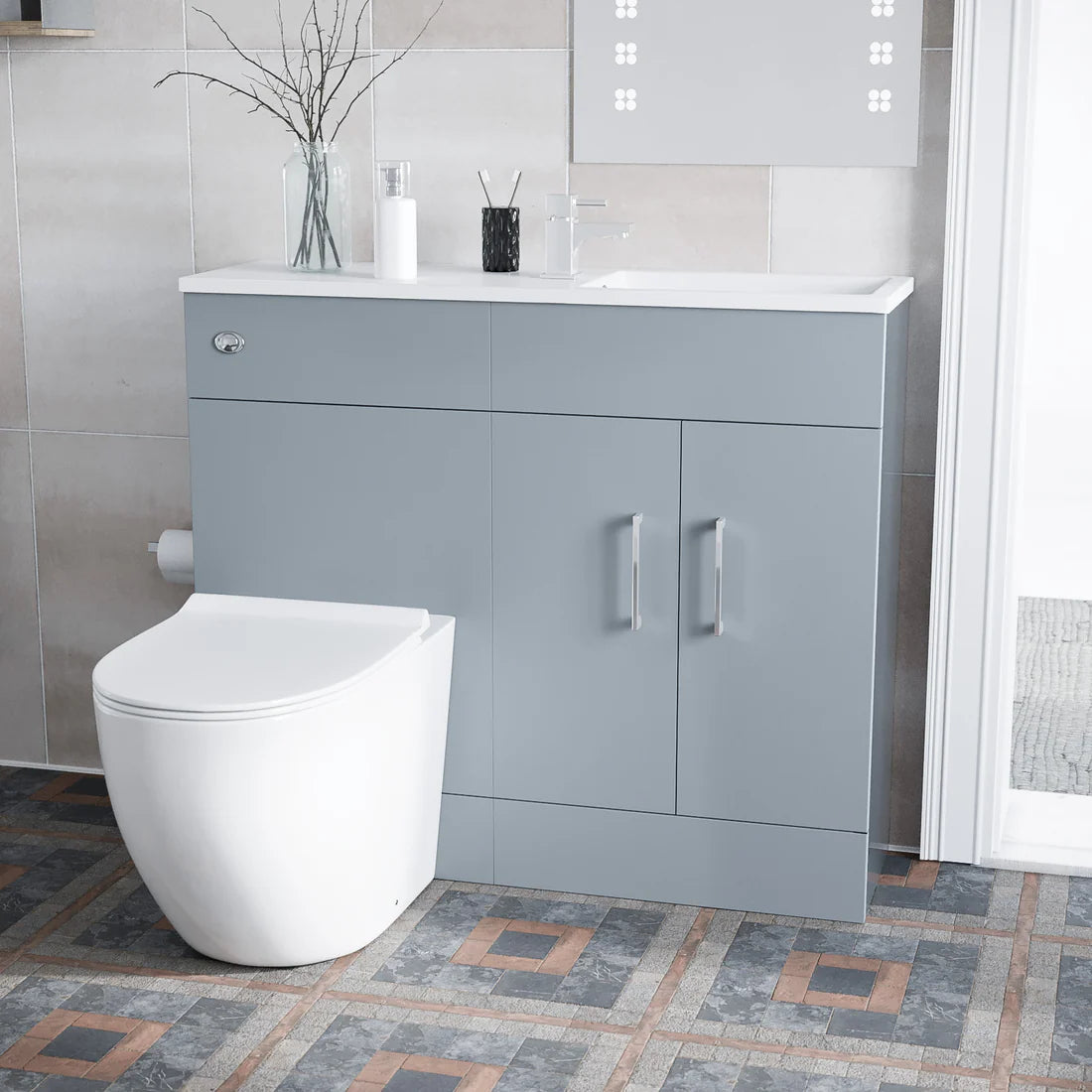 James 1000mm Matte Grey Slimline Freestanding Vanity Basin & WC Unit & D Shape Rimless Round BTW Toilet