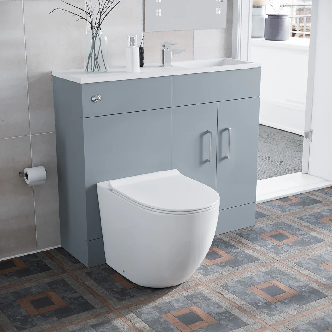 James 1000mm Matte Grey Slimline Freestanding Vanity Basin & WC Unit & D Shape Rimless Round BTW Toilet