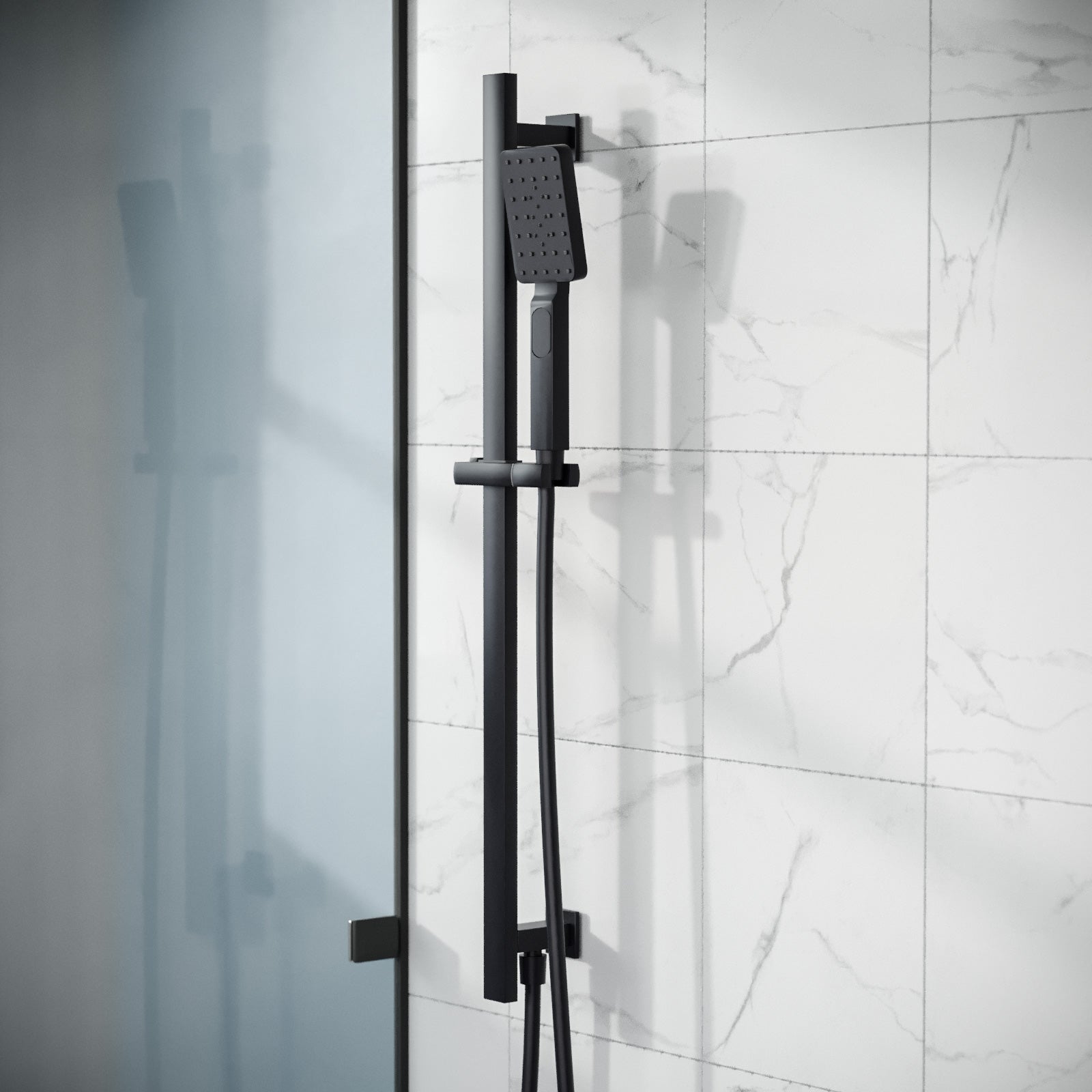 Bathroom Matte Black Shower Slider Riser Rail Bar Adjustable Kit Bracket Handset