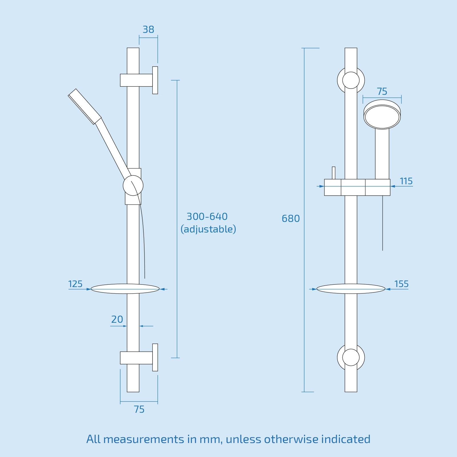 Kington One-Dial One-Way Push Button Thermostatic Mixer Valve, Slider Rail Kit