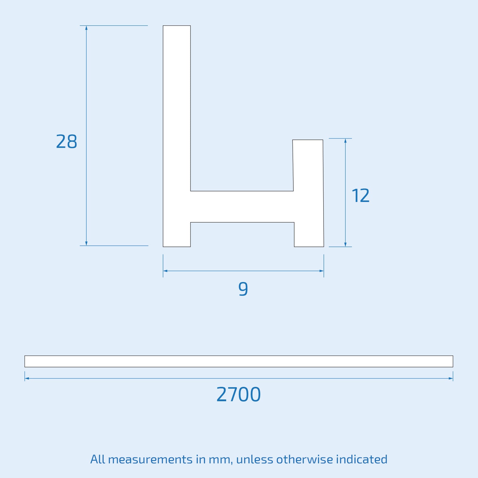 Measurement chart with dimensions of a letter 'H' and a horizontal bar