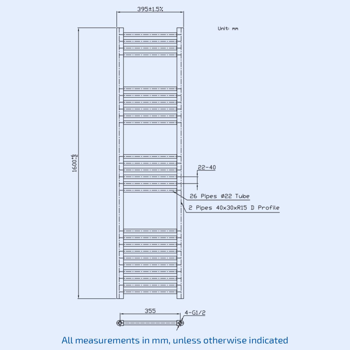 Kartell 1600mm H x 400mm W Chrome Vertical Towel Rail - STR416C
