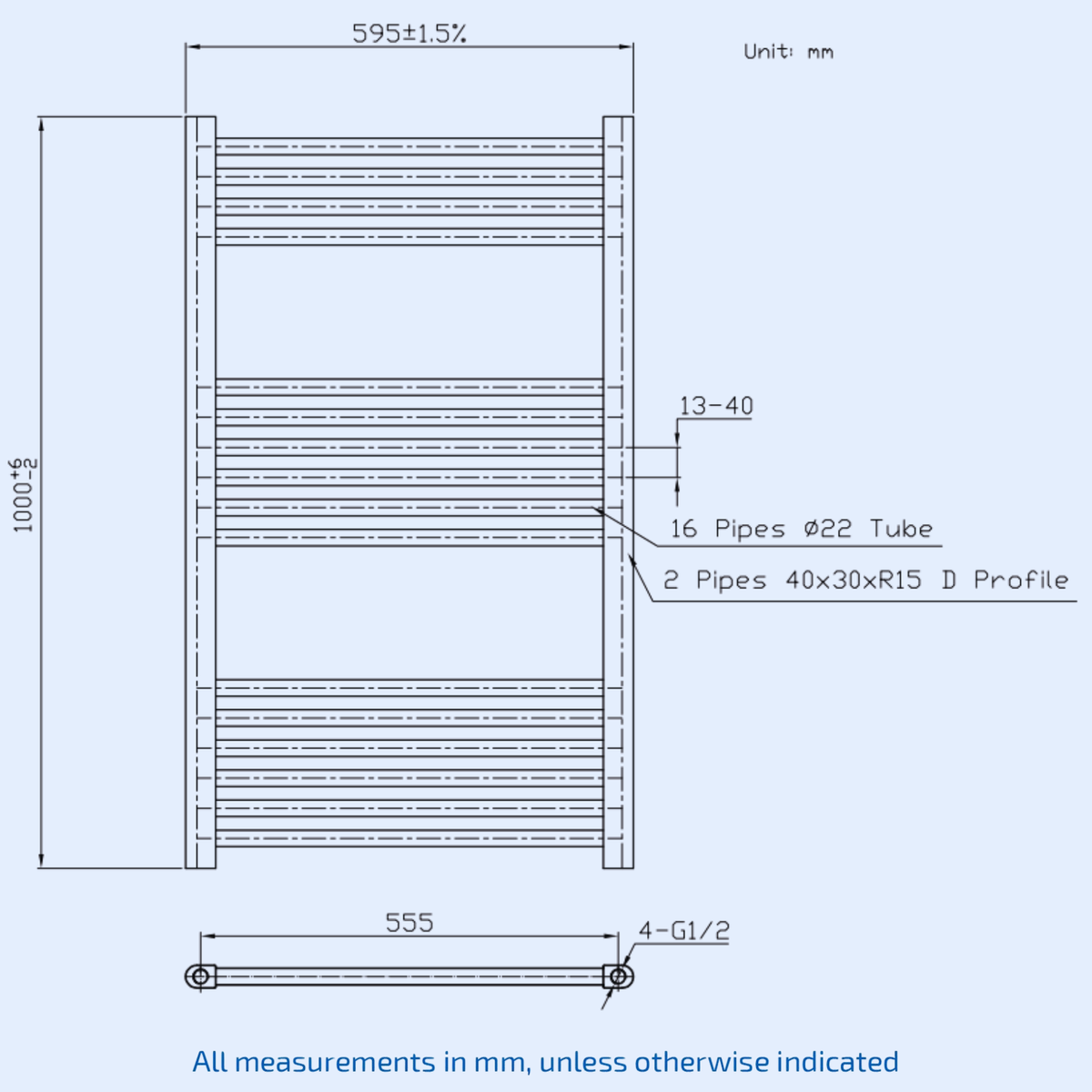Kartell 1000mm H x 600mm W Chrome Straight Vertical Towel Rail - STR610C