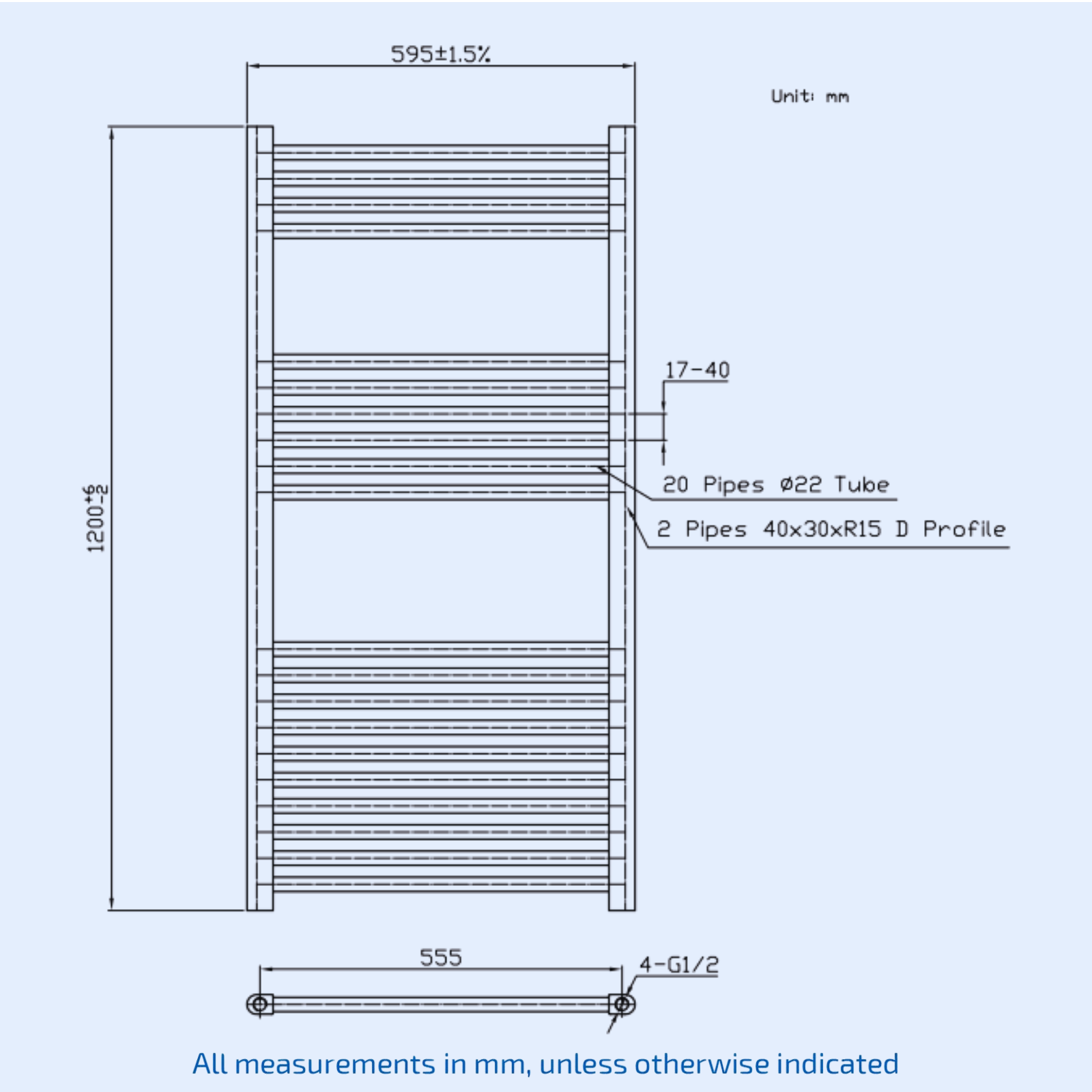 Kartell Straight 1200mm H x 595mm W Black Vertical Towel Rail - STR612B