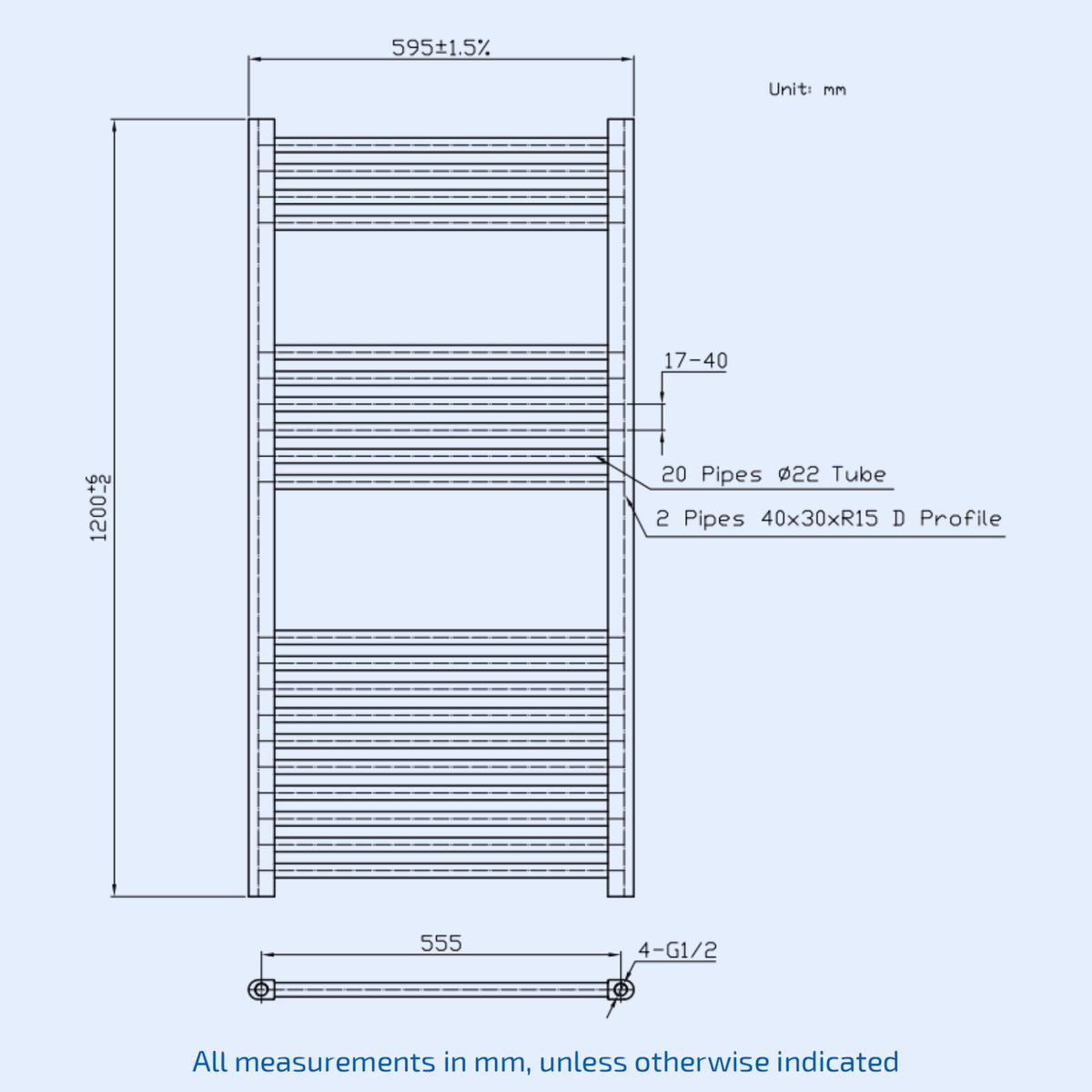 Kartell 1200mm H  x 600mm W Chrome Straight Vertical Towel Rail - STR612C