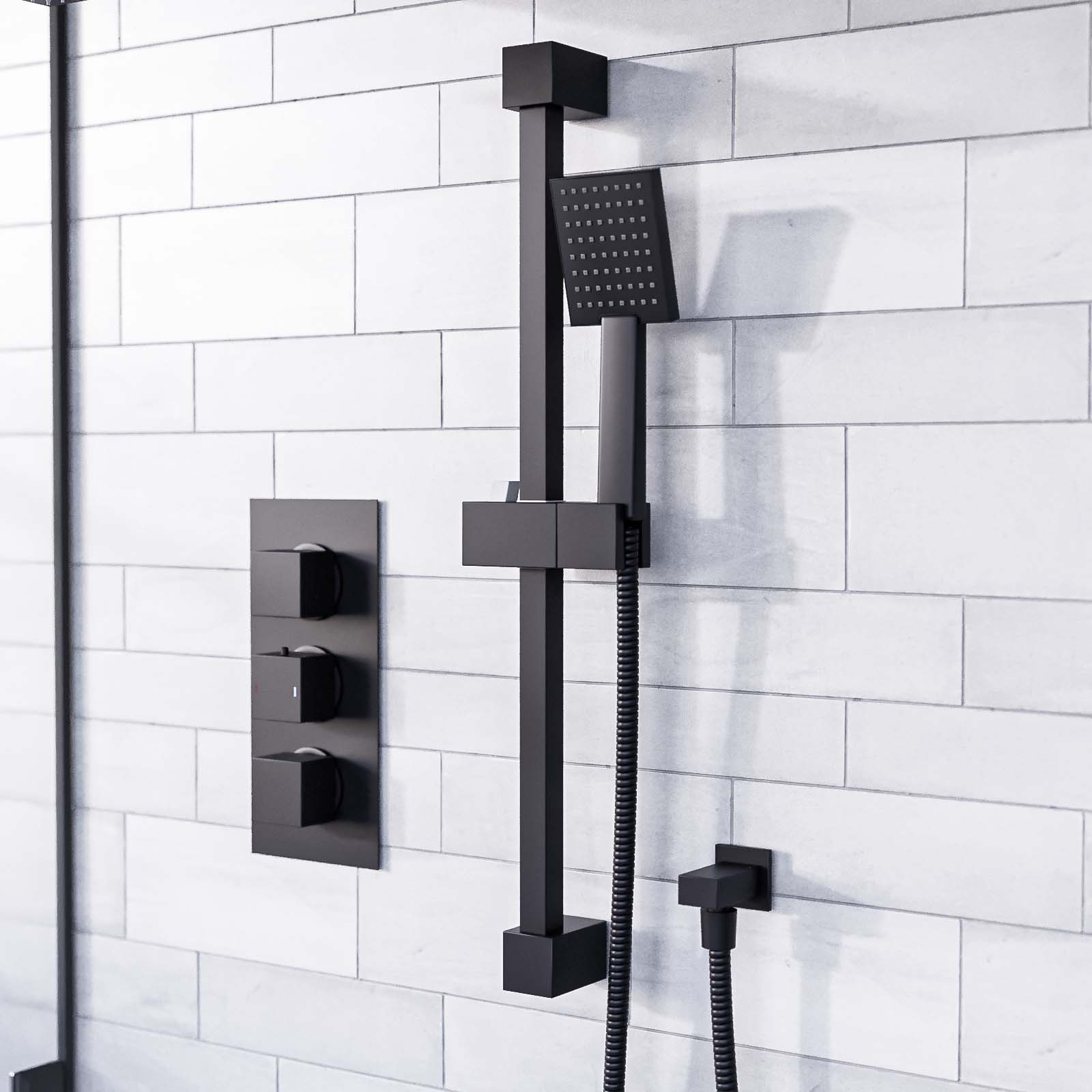 Temel Concealed Thermostatic Mixer Valve, Handset, Shower Head Set Black Matte