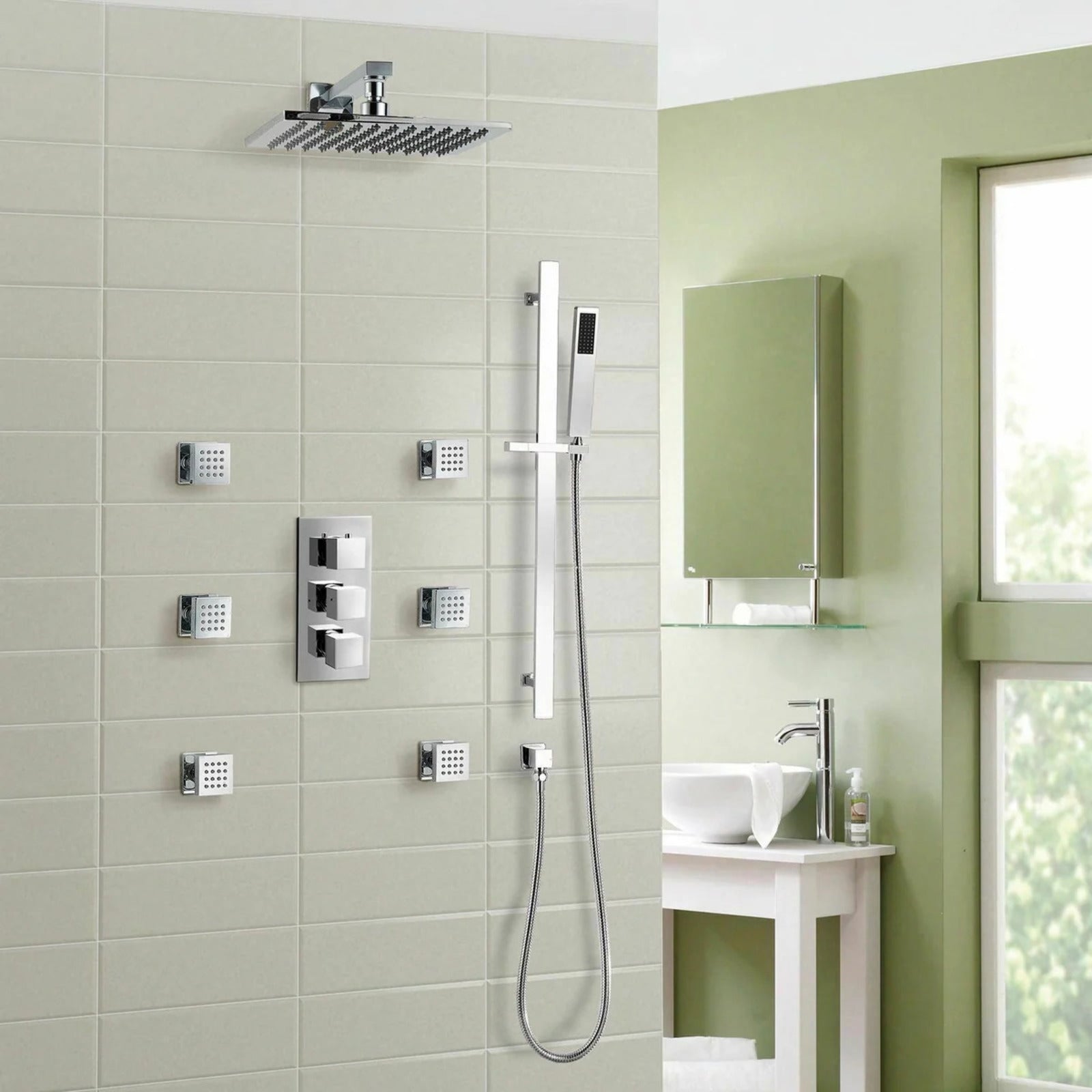 Olive Square 3 Way Concealed Thermostatic Shower Mixer Shower Head Handset & Body Jets Set