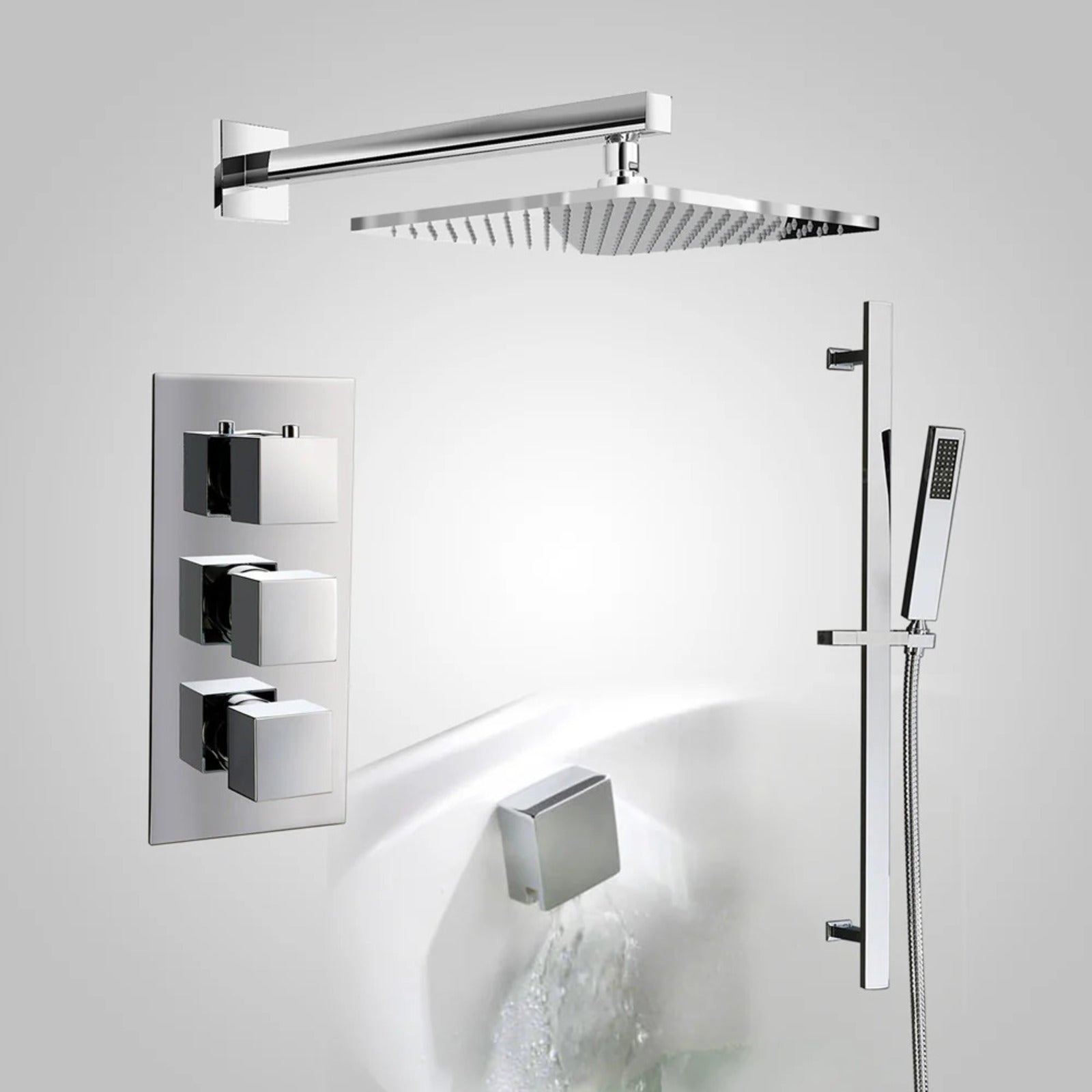 Olive 3 Dial 3 Way Square Set Shower Head Rail Handset & Bath Filler