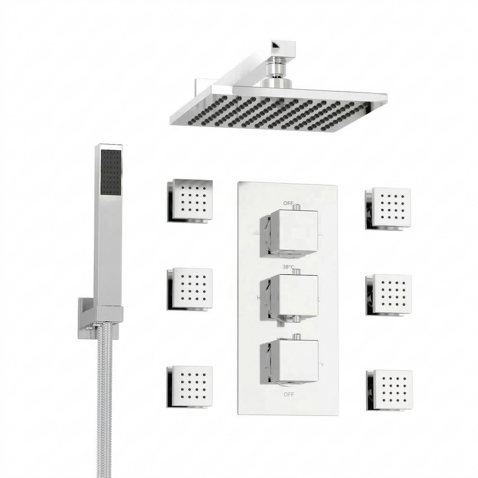 OLIVE 3 DIAL 3 WAY SQUARE SET - SHOWER HEAD +HANDSET + BODY JETS
